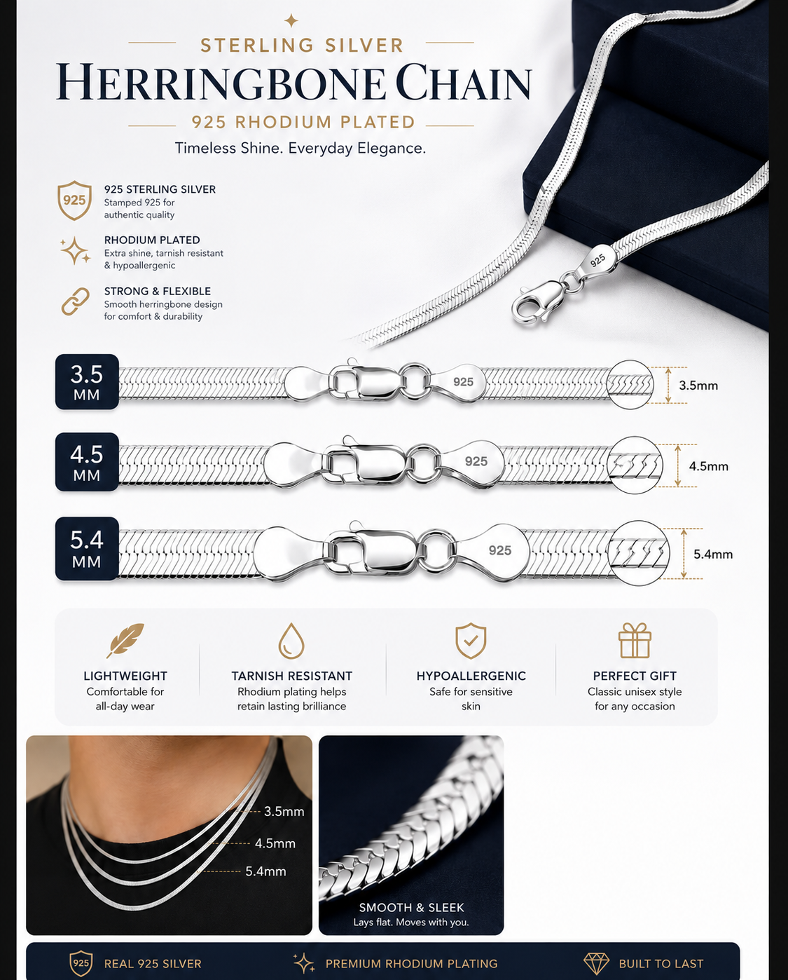 Magic Flex Herringbone Chain Rhodium Plated 925 Sterling Silver Italy 3.5-5.4mm