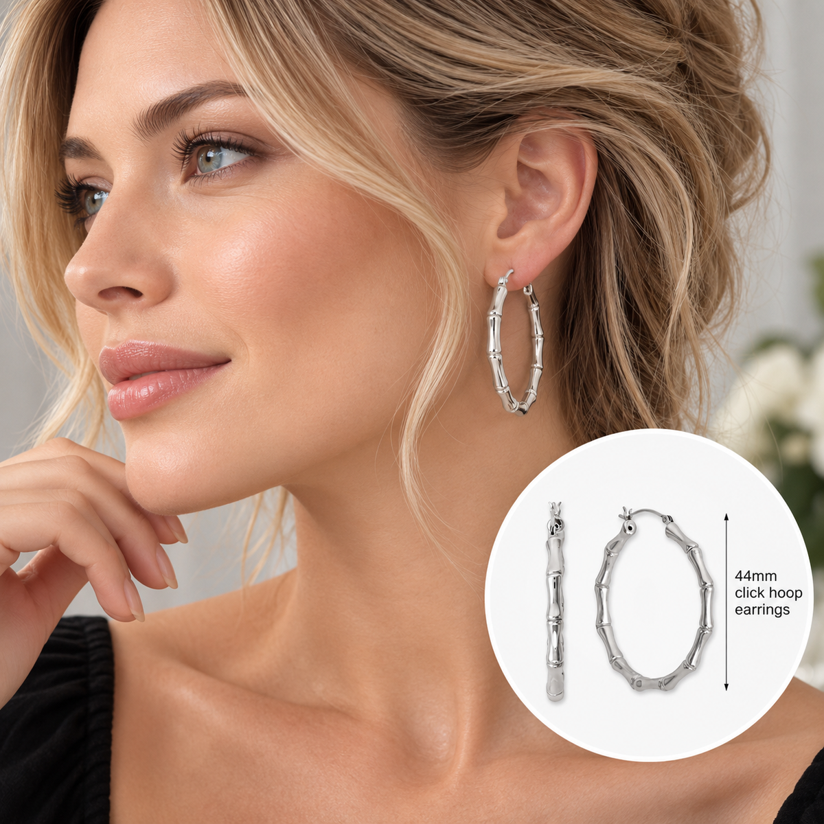 Bamboo Hoop Earrings 925 Sterling Silver 44mm 3.7mm Wide
