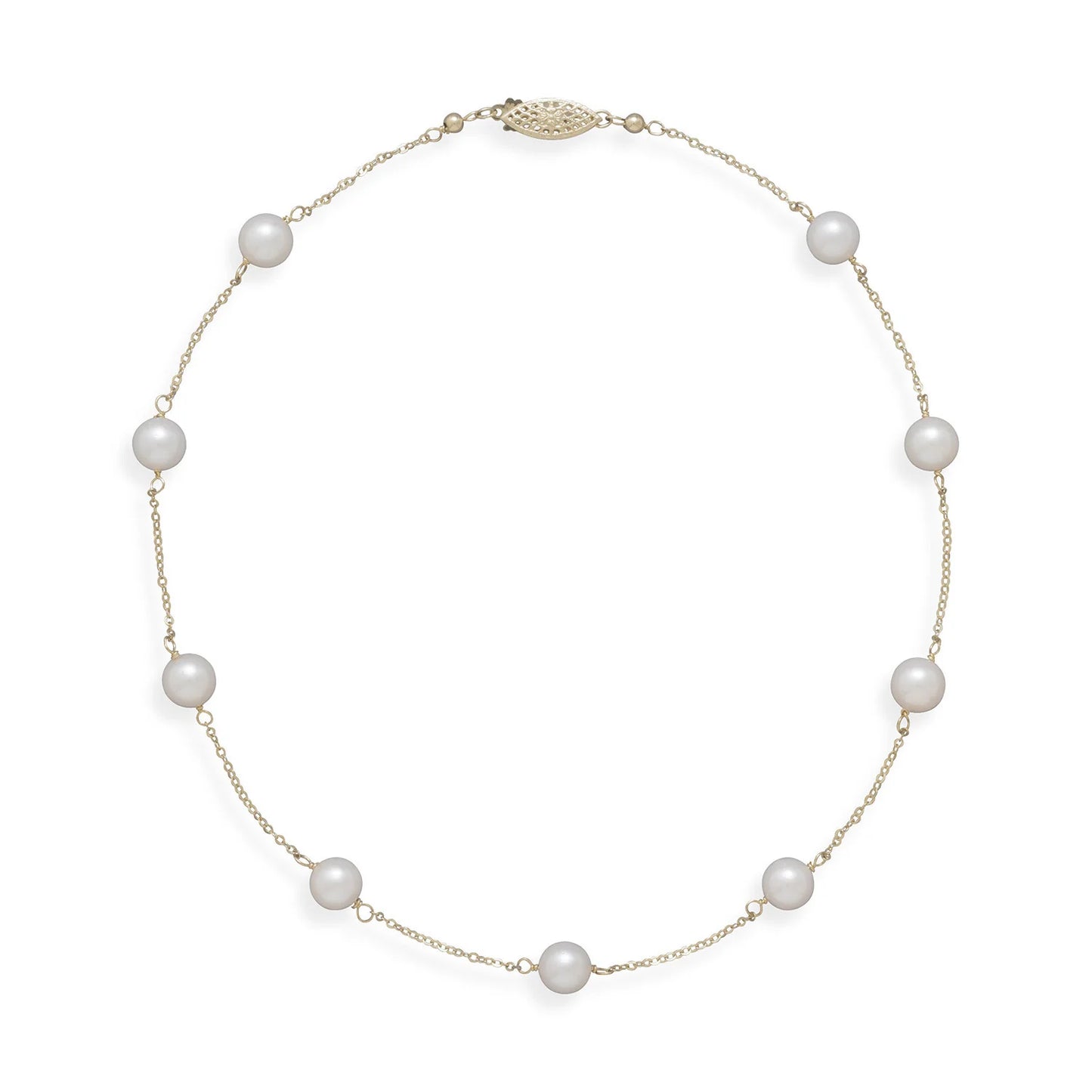 14 Karat Yellow Gold Akoya Pearl Necklace, 16 Inch Chain, 7mm Grade A Cultured Pearls, Filigree Clasp