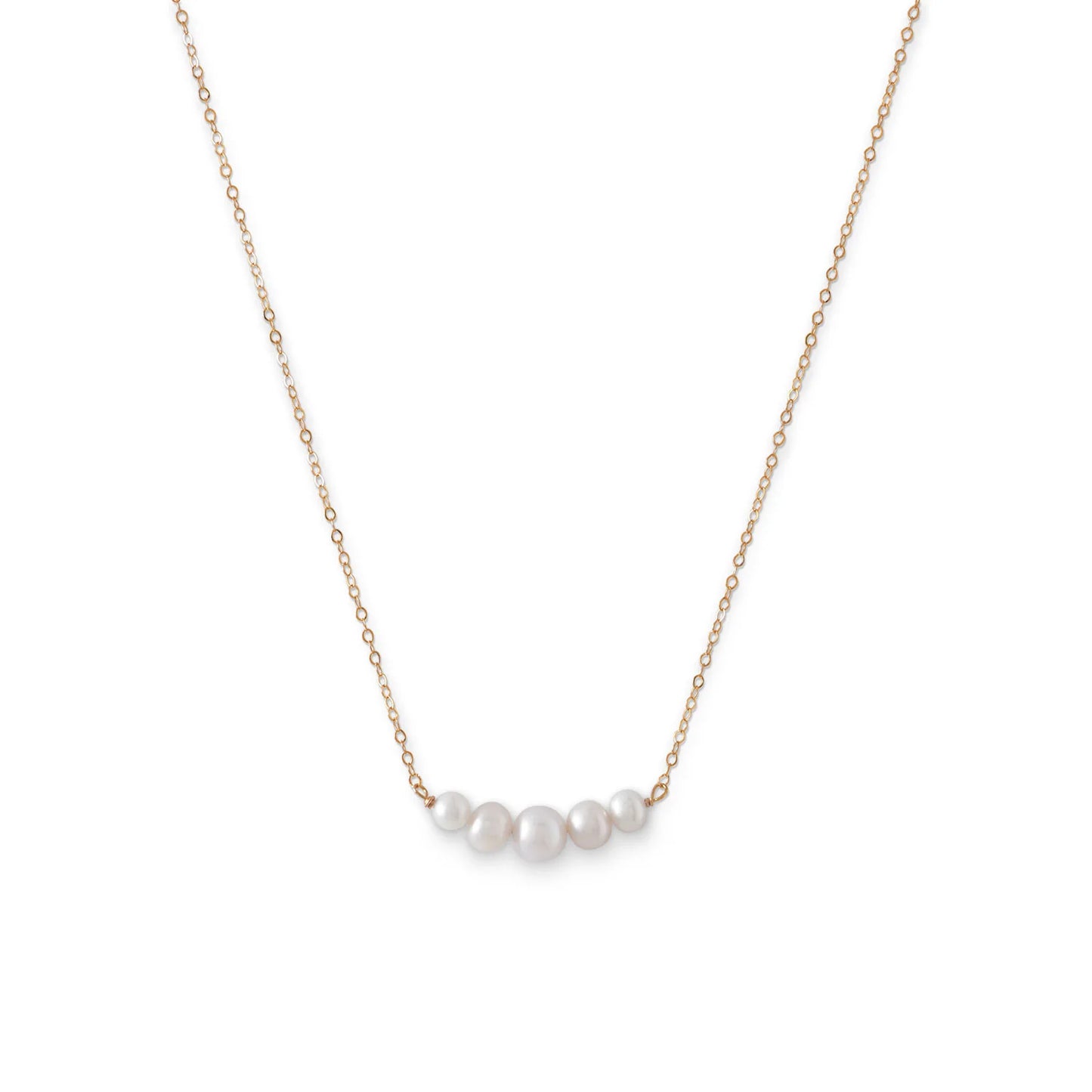14 Karat Gold Pearl Bar Necklace, 16 Inch Cable Chain, 5 Cultured Freshwater Pearls, Spring Ring Closure, Yellow Gold