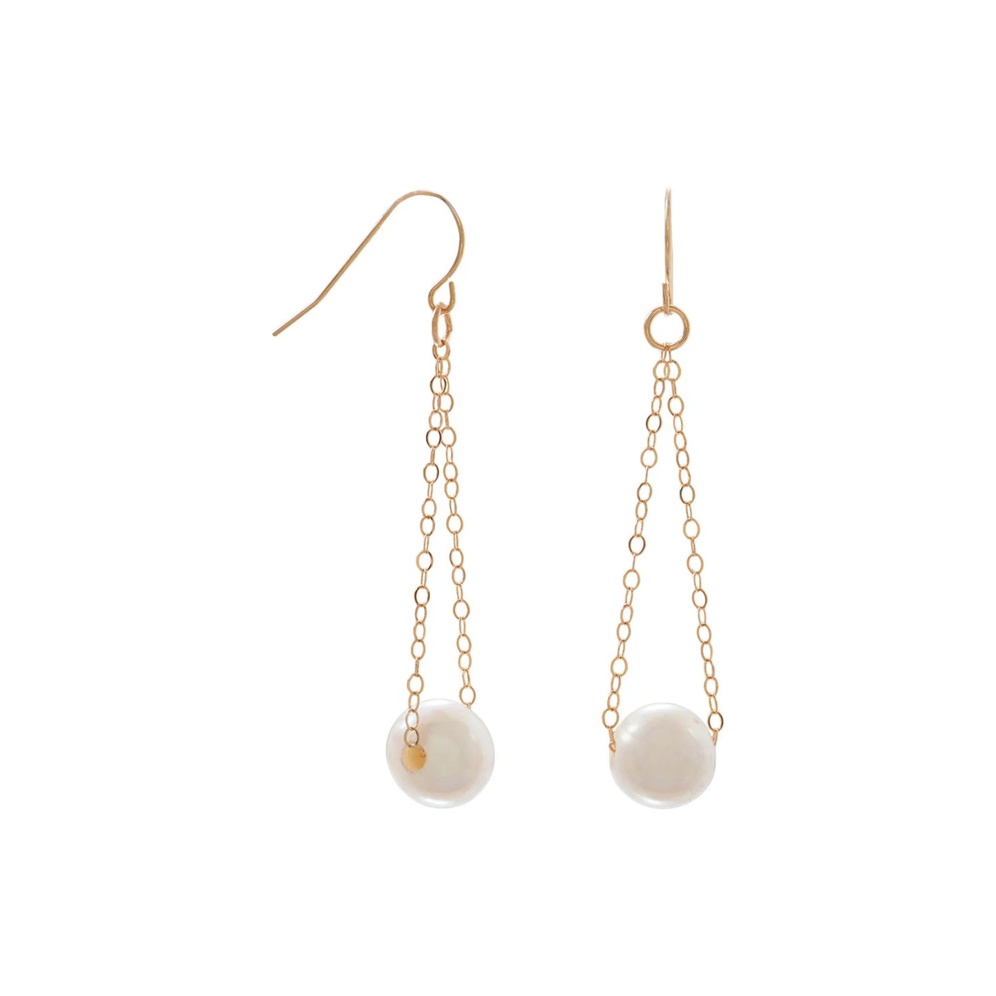 14kt Gold French Wire Earrings with Floating Cultured Freshwater Pearl, 9-9.5mm Pearl Size, 1.5 Inch Chain Drop