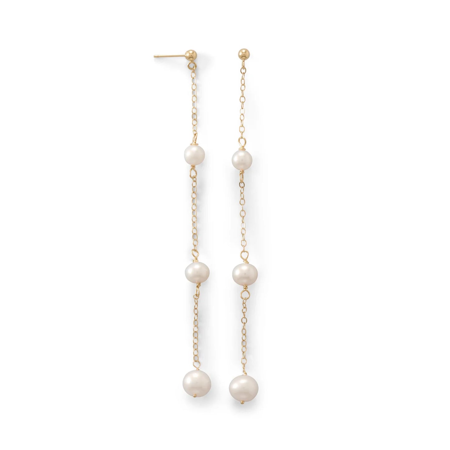 14 Karat Gold Pearl Drop Dangle Earrings, White Cultured Freshwater Pearls, 5-7mm Size, 3.5 Inch Length, 3-Chain Design