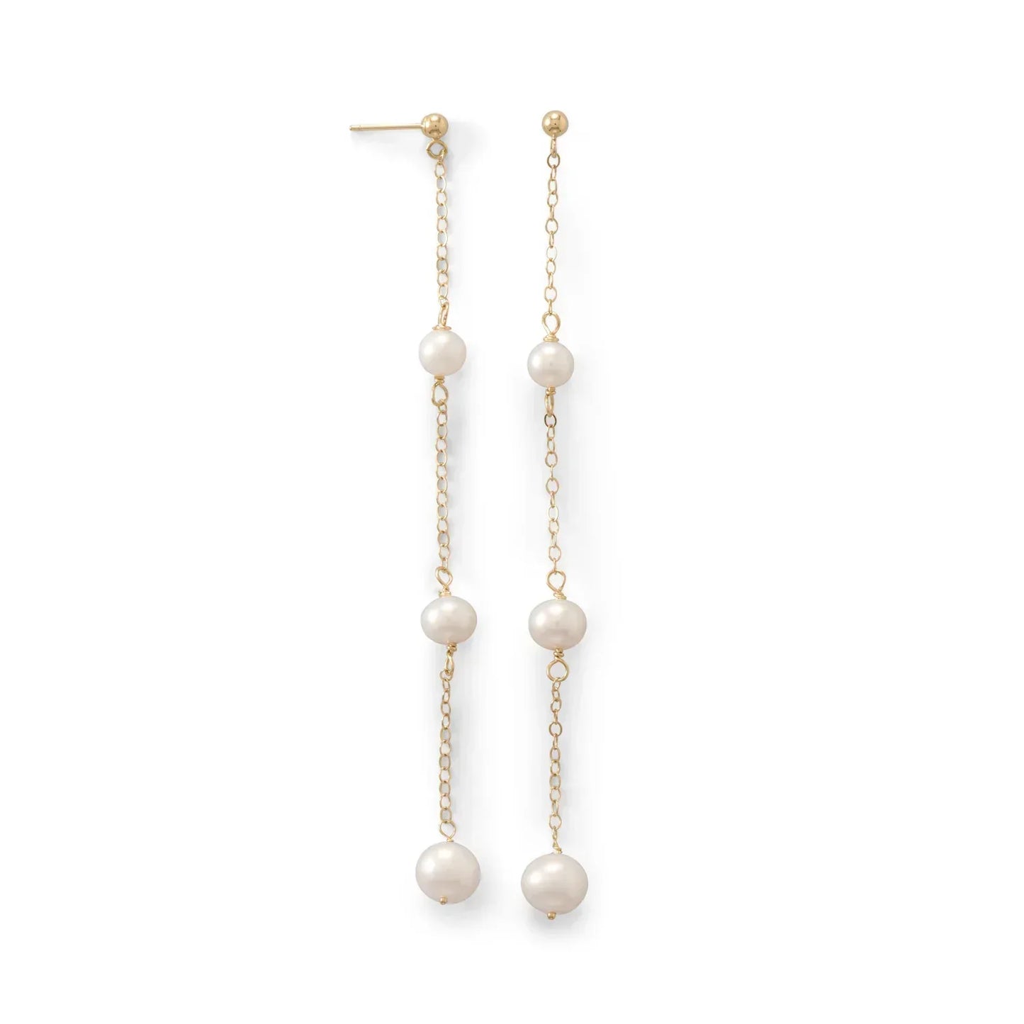 14 Karat Gold Pearl Drop Dangle Earrings, White Cultured Freshwater Pearls, 5-7mm Size, 3.5 Inch Length, 3-Chain Design - Kai Jewelry Store