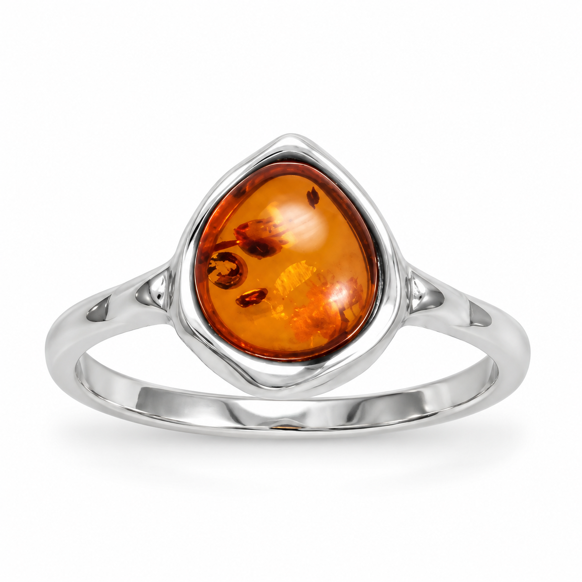 Slightly Hammered Pear Baltic Amber Ring 925 Silver 8.8x7.9mm Poland Sizes 5-10