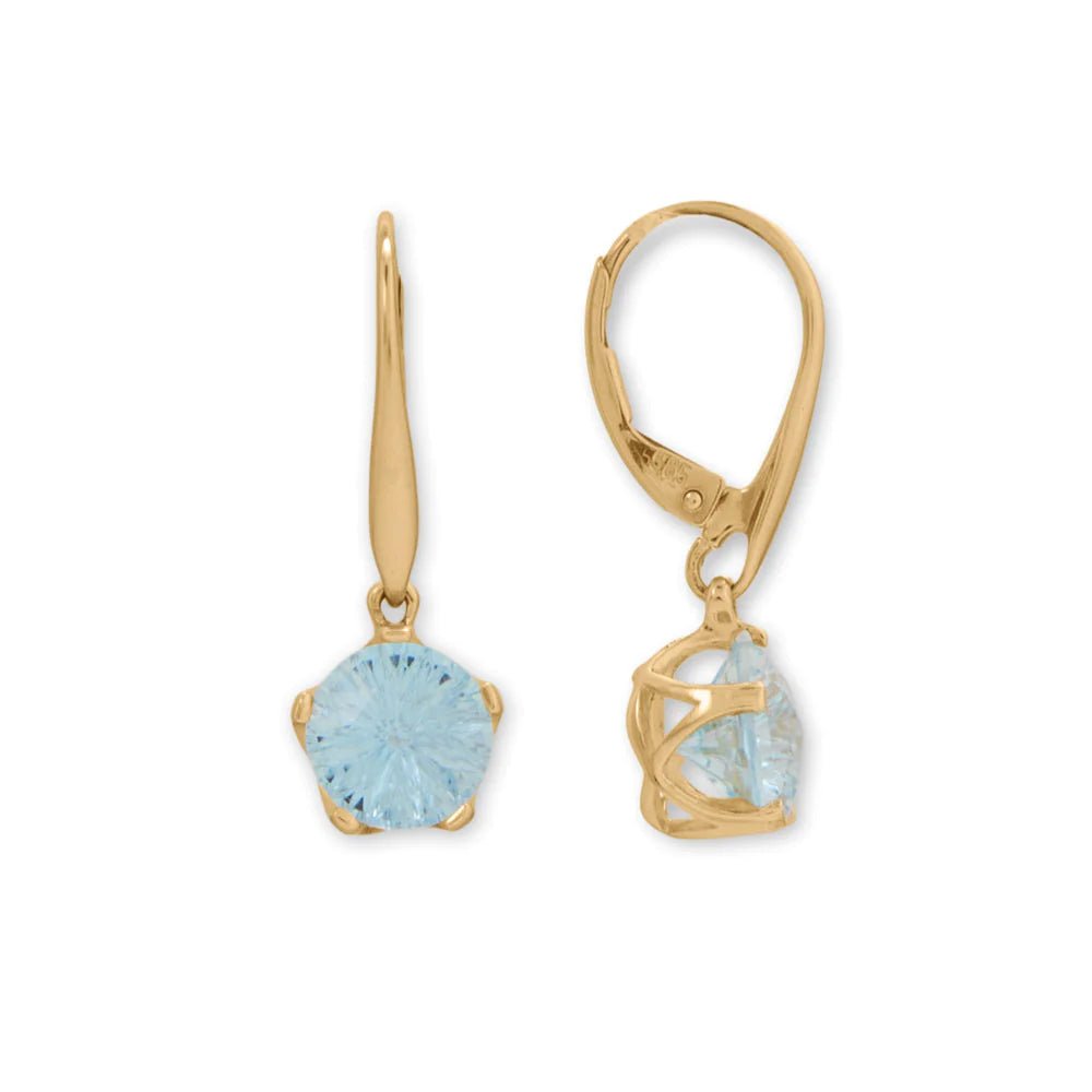 Sky Blue Topaz Earrings - 14K Gold Lever Back with Precision Cut Stone