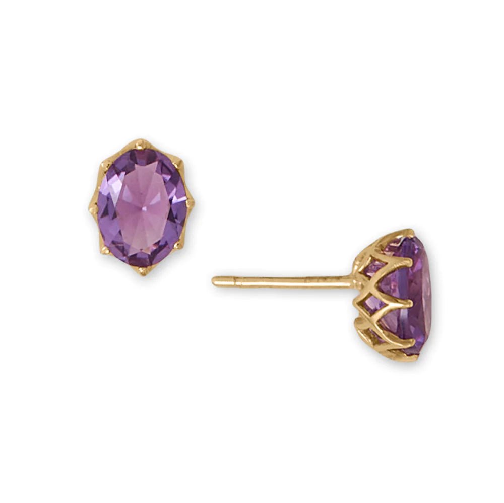14kt Gold Amethyst Stud Earrings, Precision Cut 8mm x 6mm, Openwork Setting with Post Back, Gift Box Included