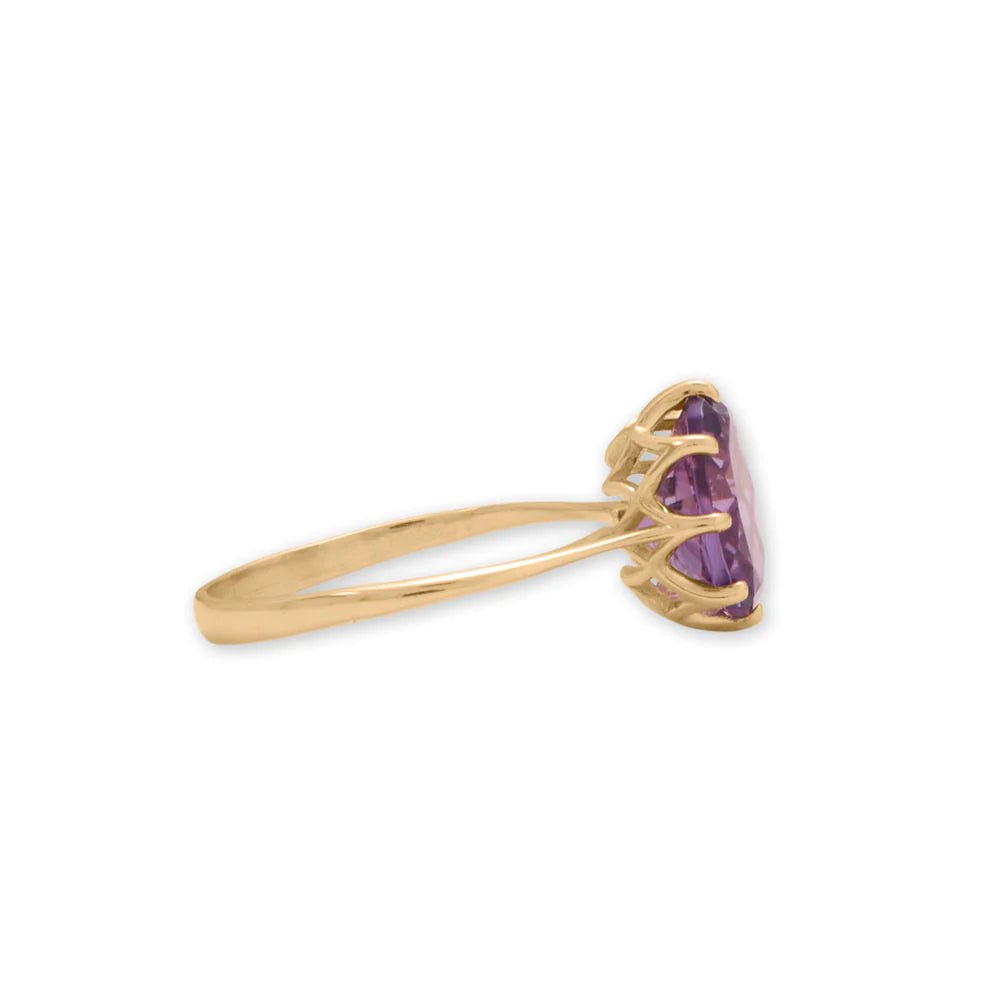 14 Karat Gold Precision Cut Amethyst Ring, 10x8mm Stone, Open Work Setting, Size 6-8