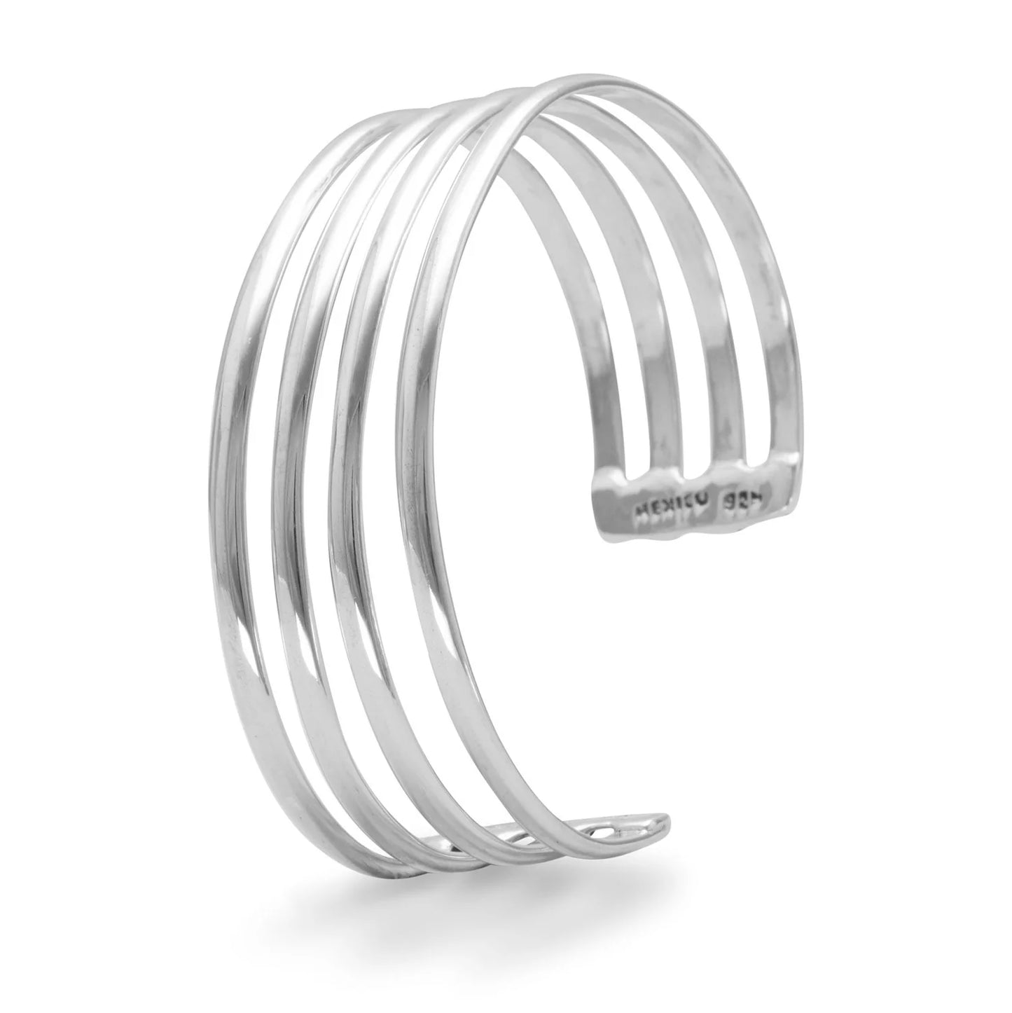 Sterling Silver Polished Cuff Bracelet, 4 Row Design, 22mm Wide, 65mm Inside Diameter