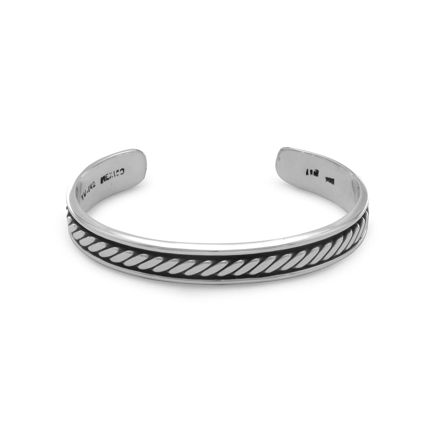 Sterling Silver Oxidized Rope Design Cuff Bracelet, Men's, Handmade in Mexico, 62mm x 47mm Wide, .925 Silver
