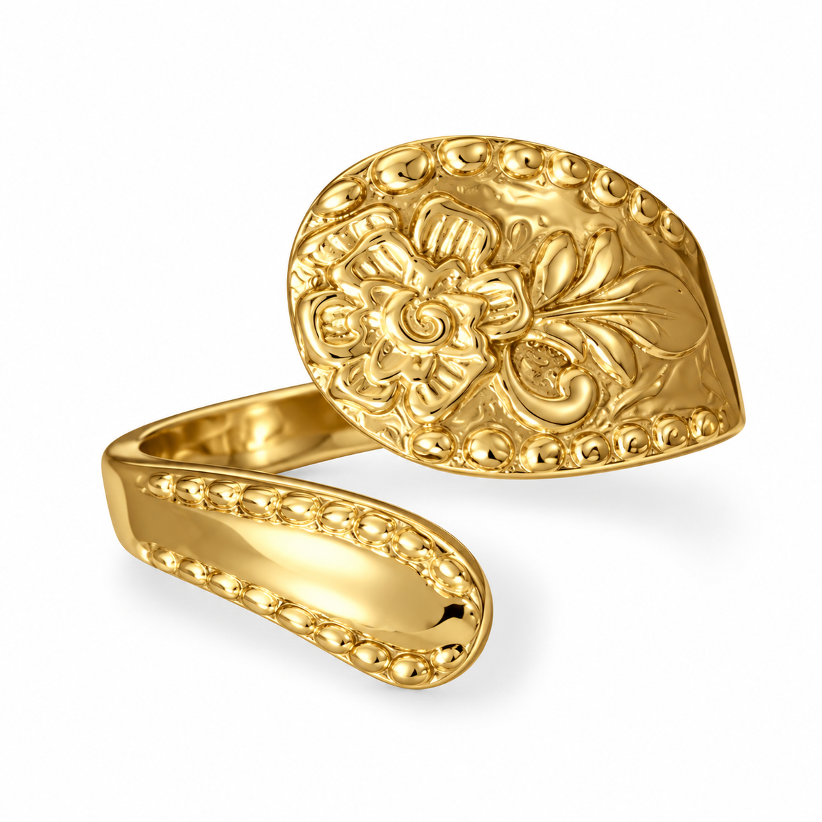 Floral Spoon Ring 14K Gold Plated 925 Sterling Silver Slightly Adjustable Sizes 6-9