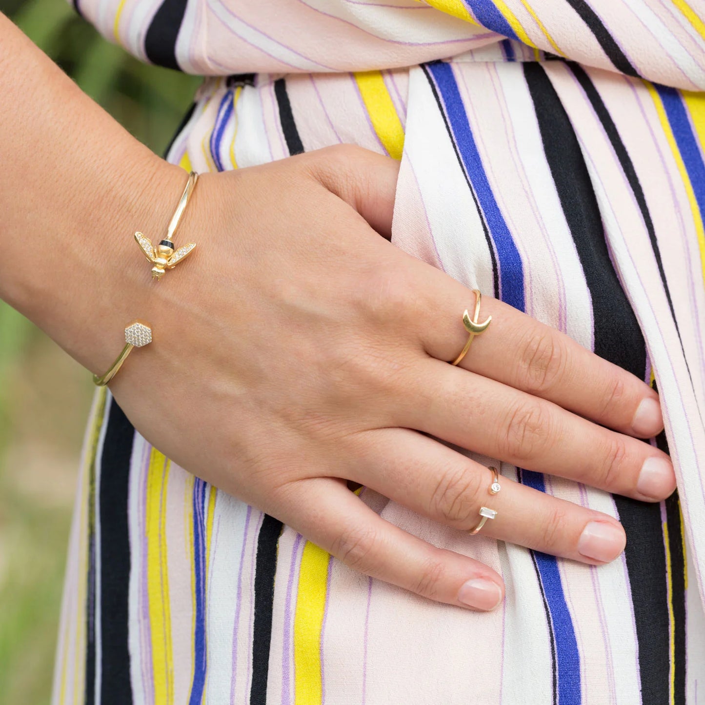 14 Karat Gold Plated Sterling Silver Open Design Ring with Round and Baguette CZ, Sizes 5-9