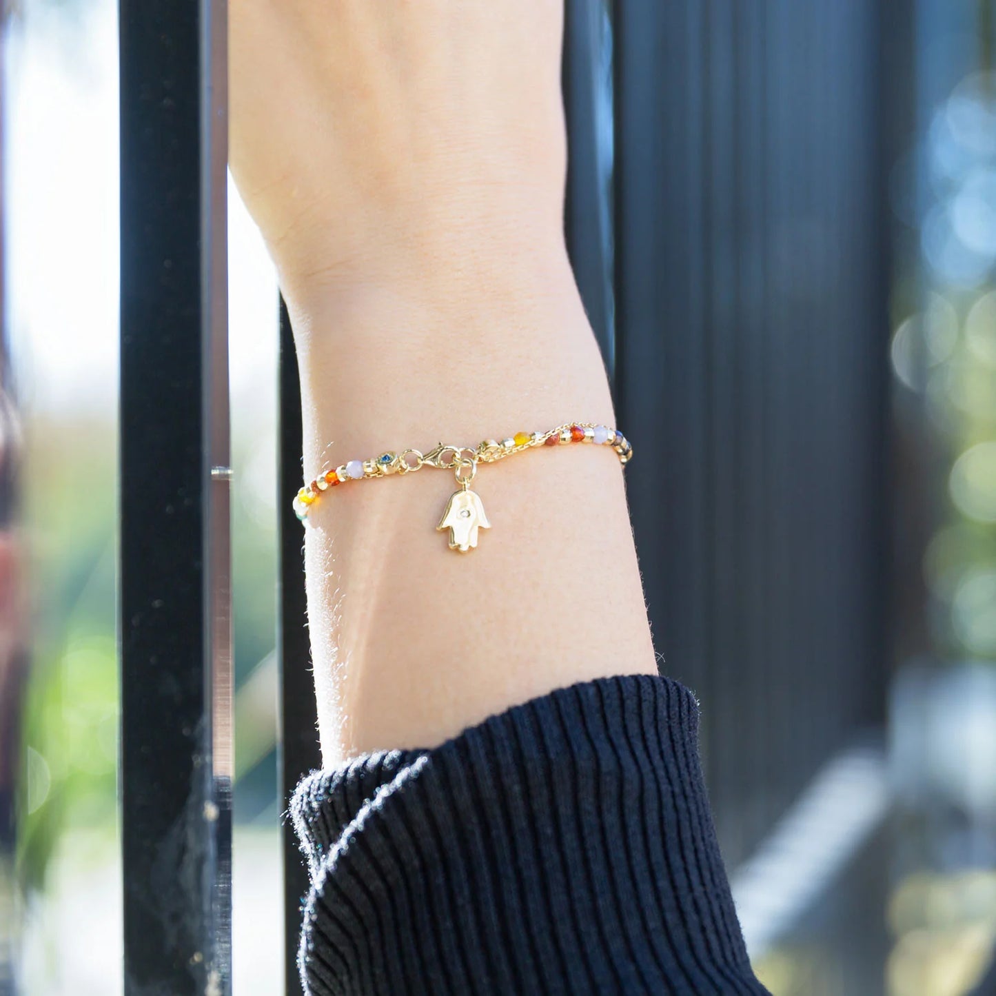 Chakra Stone Bracelet - 14K Gold Plated Sterling Silver with Hamsa Charm