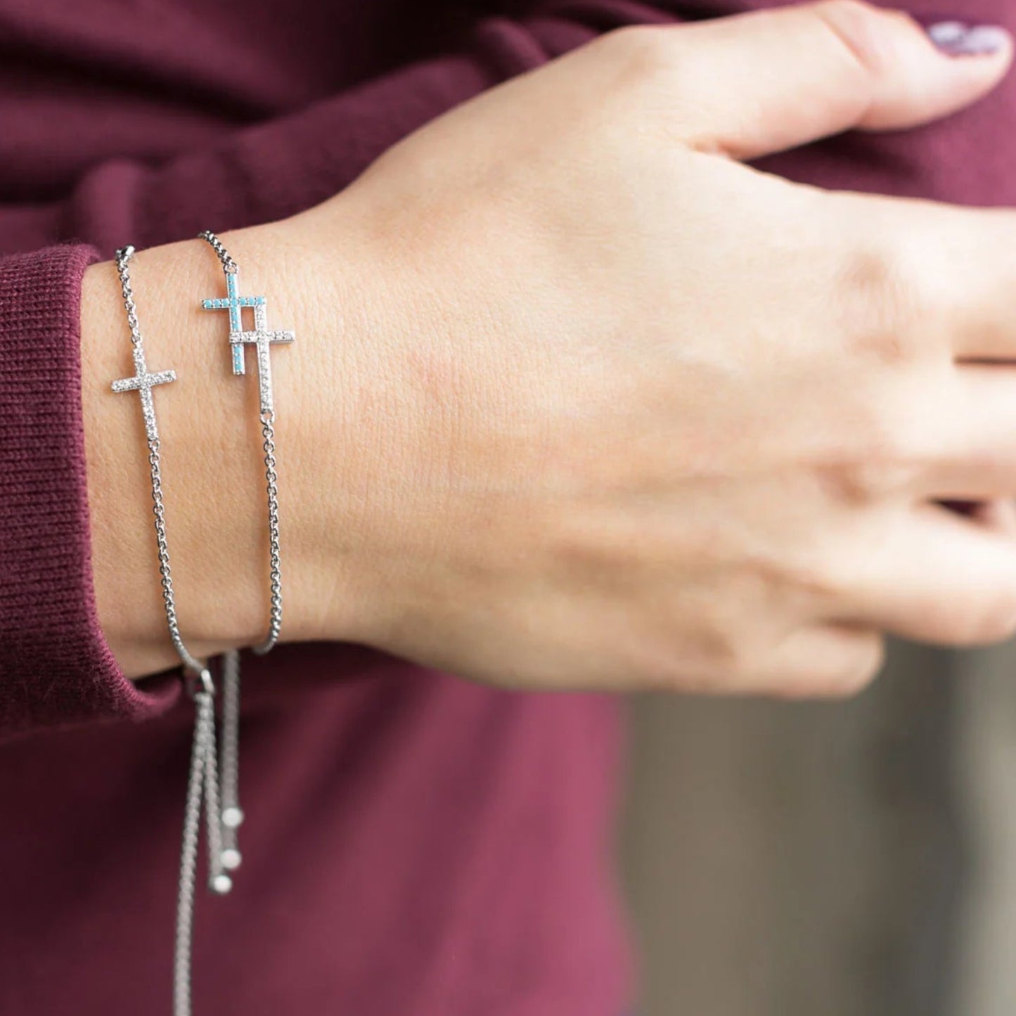 Sterling Silver Double Cross Bolo Bracelet, Rhodium Plated, Clear and Teal CZ, Adjustable to 9.5 Inches