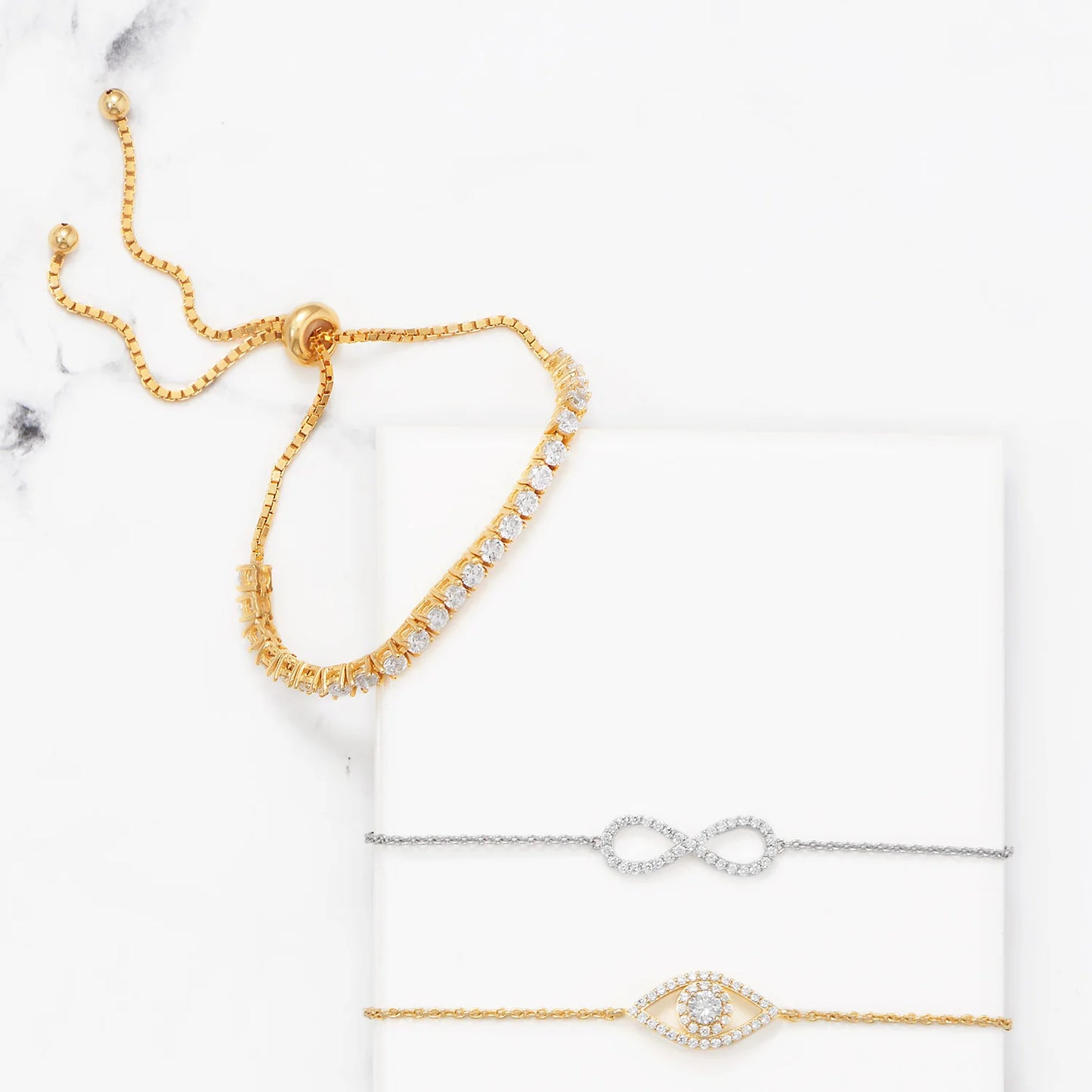 Sterling Silver Evil Eye Bolo Bracelet, 14K Gold Plated, CZ, 9.5 Inch Adjustable Chain with Sliding Bead