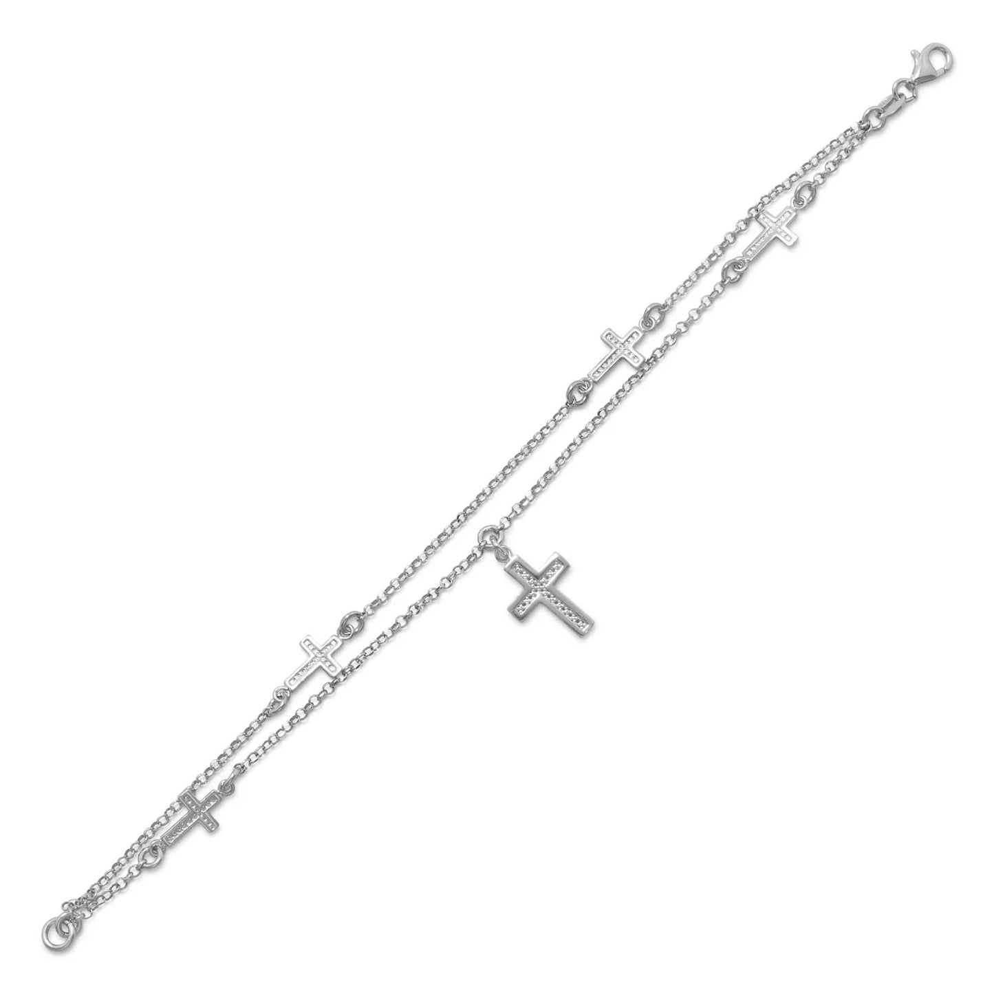 Sterling Silver Double Strand Cross Charm Bracelet, Rhodium Plated, 7.5 Inch, 5 Cross Charms, Italian Made
