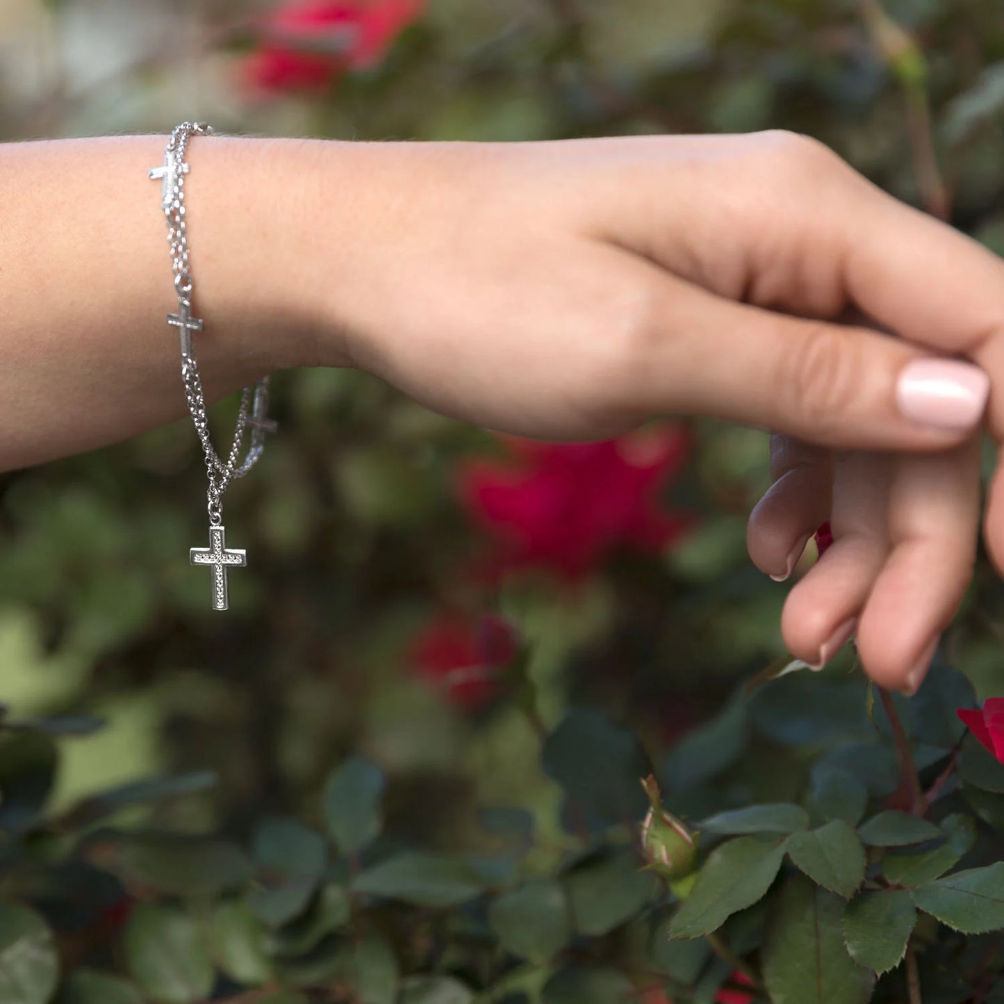 Rhodium Cross Charm Bracelet - Double Strand