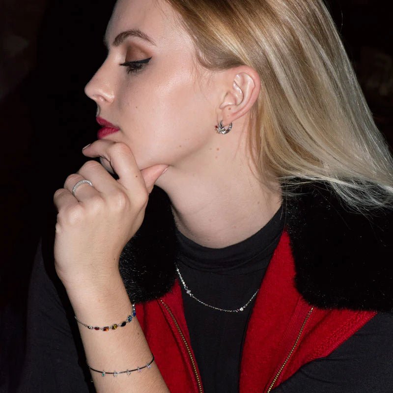 Sterling Silver Rainbow Crystal Bolo Bracelet, Rhodium Plated, Adjustable Friendship Style with Swarovski Crystals, 1.4mm Chain