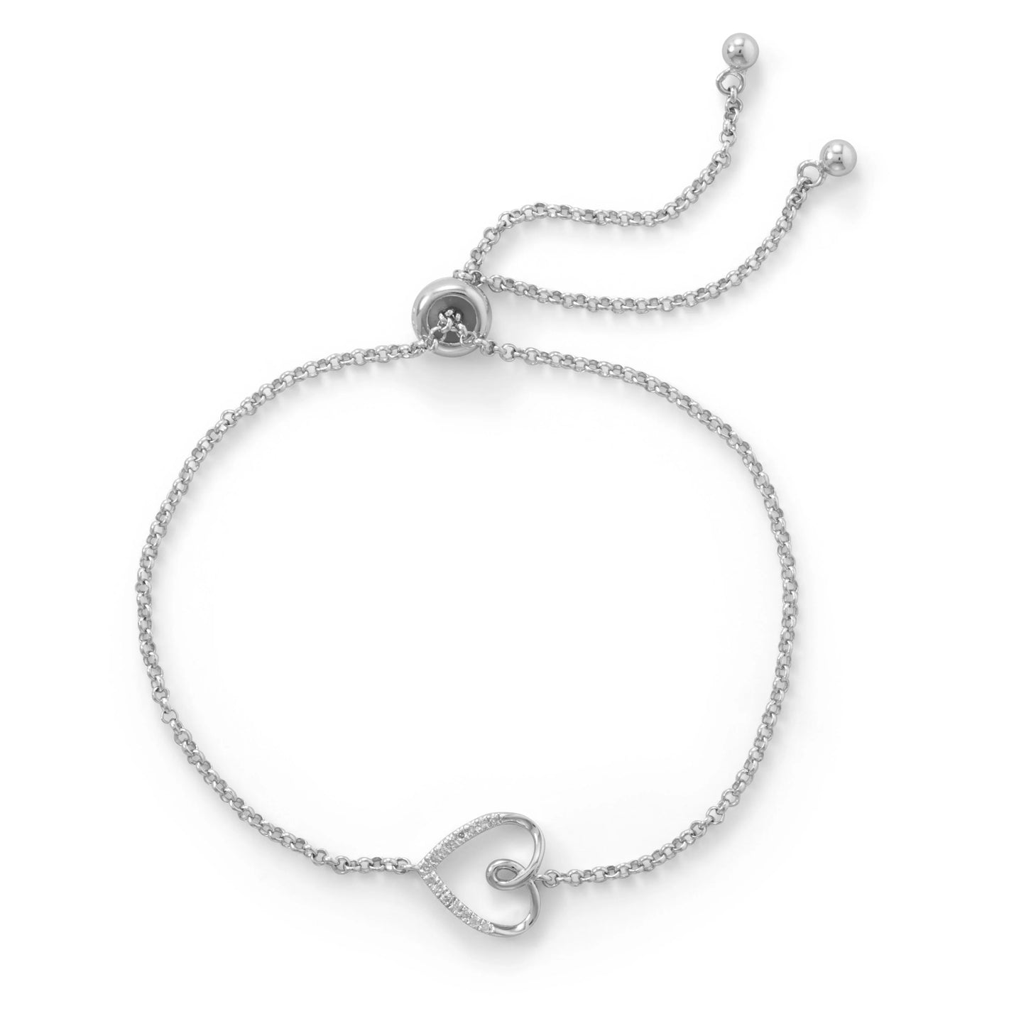 Rhodium Plated Sterling Silver Diamond Heart Bolo Bracelet, Adjustable Cable Chain, 9.5 Inch, 0.05 CTW