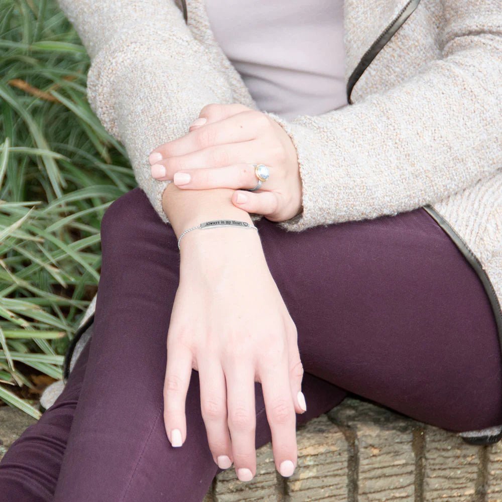 Sterling Silver Rhodium Plated Diamond Bar Bolo Bracelet with Always in my Heart Inscription, 10 Inch Adjustable