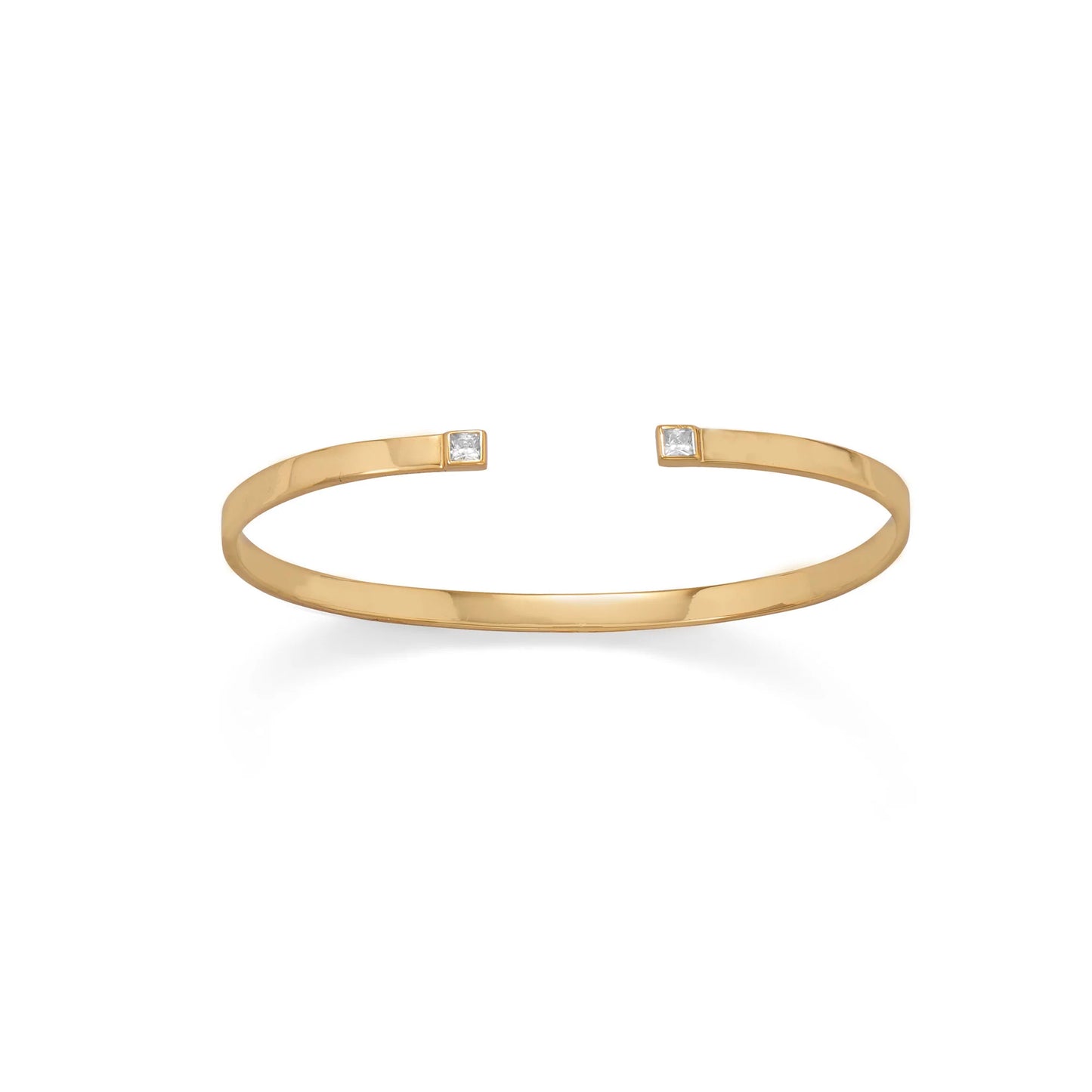 14 Karat Gold Plated Sterling Silver CZ Cuff Bracelet, Thin Design, 60mm x 3.5mm, Square CZs Ends