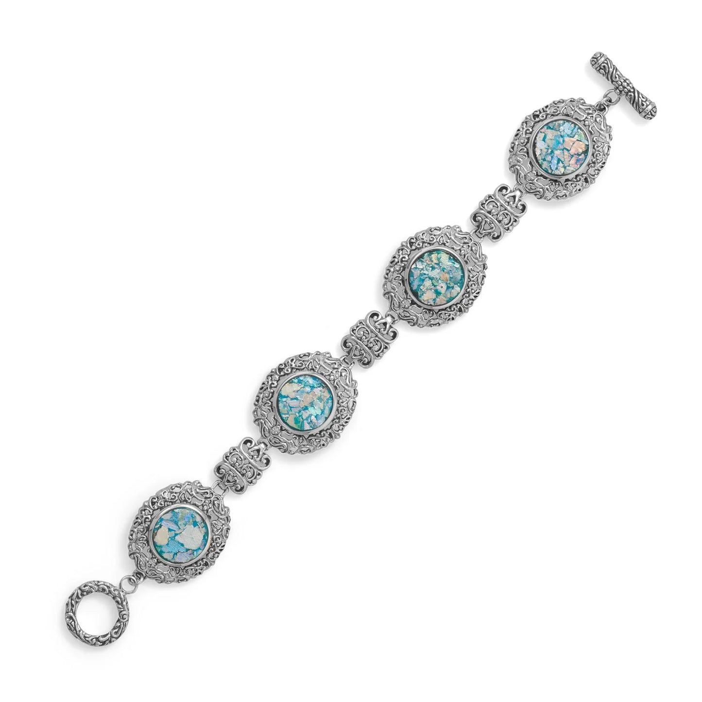 Sterling Silver Roman Glass Toggle Bracelet, Oxidized, 7.5 Inch, 13mm Ancient Glass Settings, Ornate Design