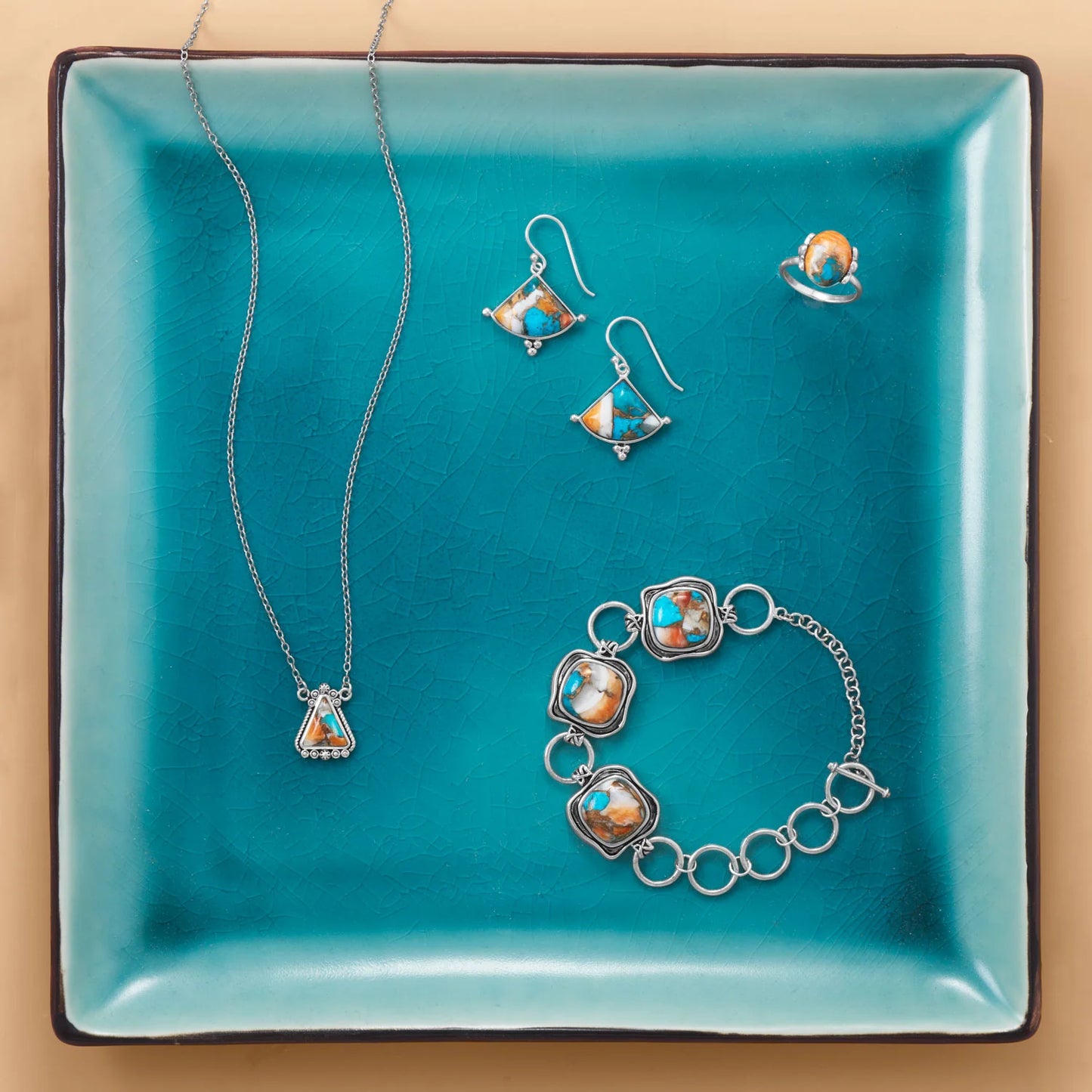 Spiny Oyster and Turquoise Ring - Sterling Silver Cutout Design