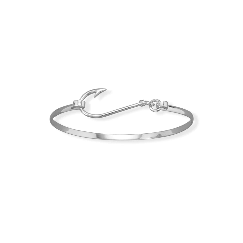 Fish Hook Bangle Bracelet - Sterling Silver Rhodium Plated Nautical