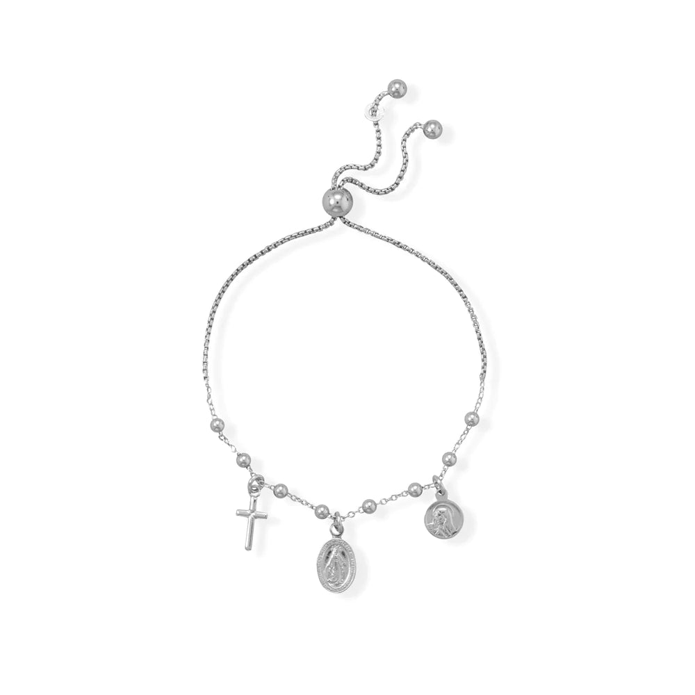 Sterling Silver Religious Charm Bolo Bracelet, Rhodium Plated, 9 Inch Adjustable, Cross and Mary Charms, Italian Made