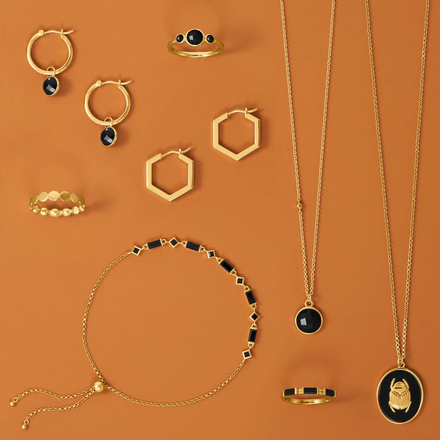 14 Karat Gold Plated Sterling Silver Hoop Earrings with Black Onyx Charm, 15mm Hoops, 27.5mm Length, Removable Design