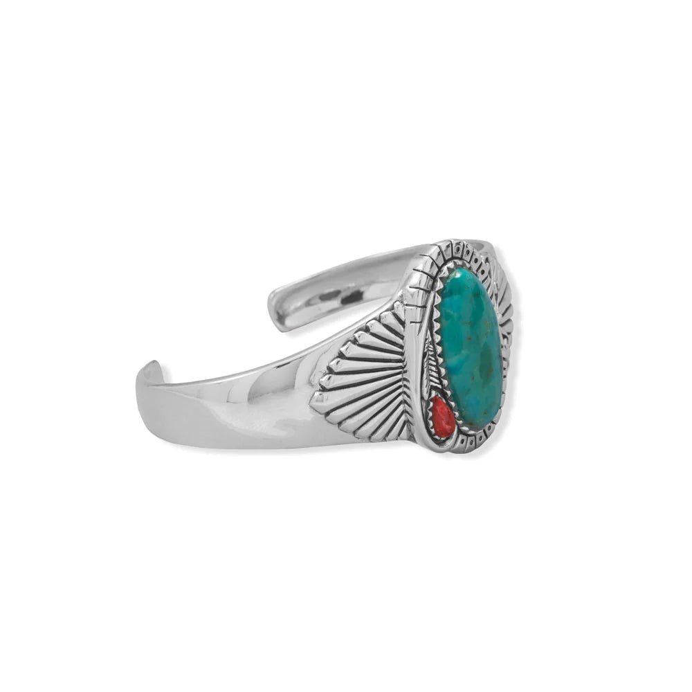 Turquoise and Coral Cuff Bracelet - Sterling Silver Southwest Style Fan Design
