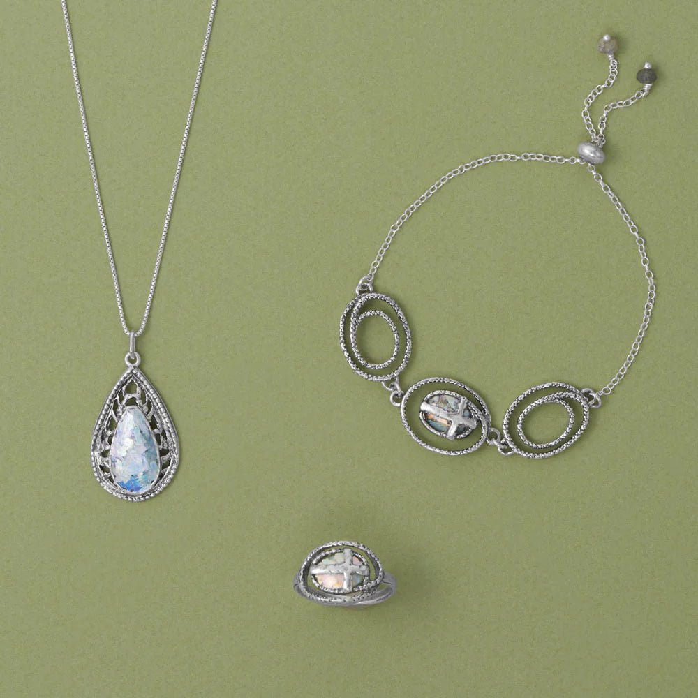 Roman Glass and Labradorite Bolo Bracelet - Sterling Silver Cross Design