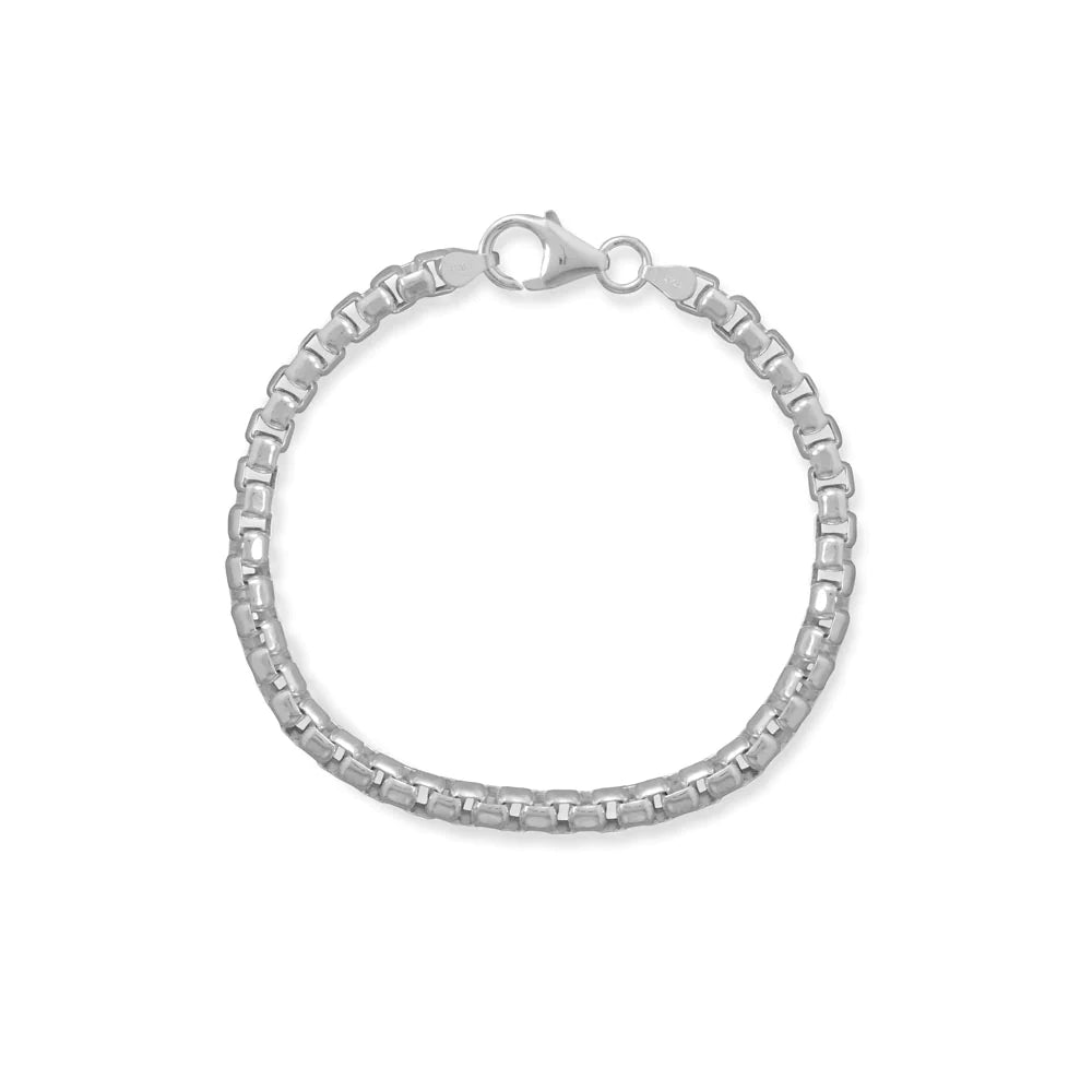 Sterling Silver Rounded Box Chain Bracelet, 5mm Wide, 8.5 Inch Length, Italian Made, Rounded Design with Lobster Clasp
