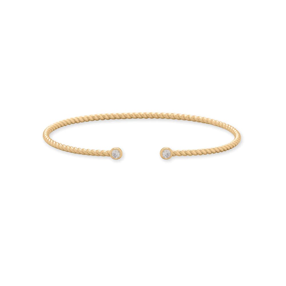 Sterling Silver Twisted Cable Cuff Bracelet, 14K Gold Plated, CZ Ends, 64mm Inside Diameter