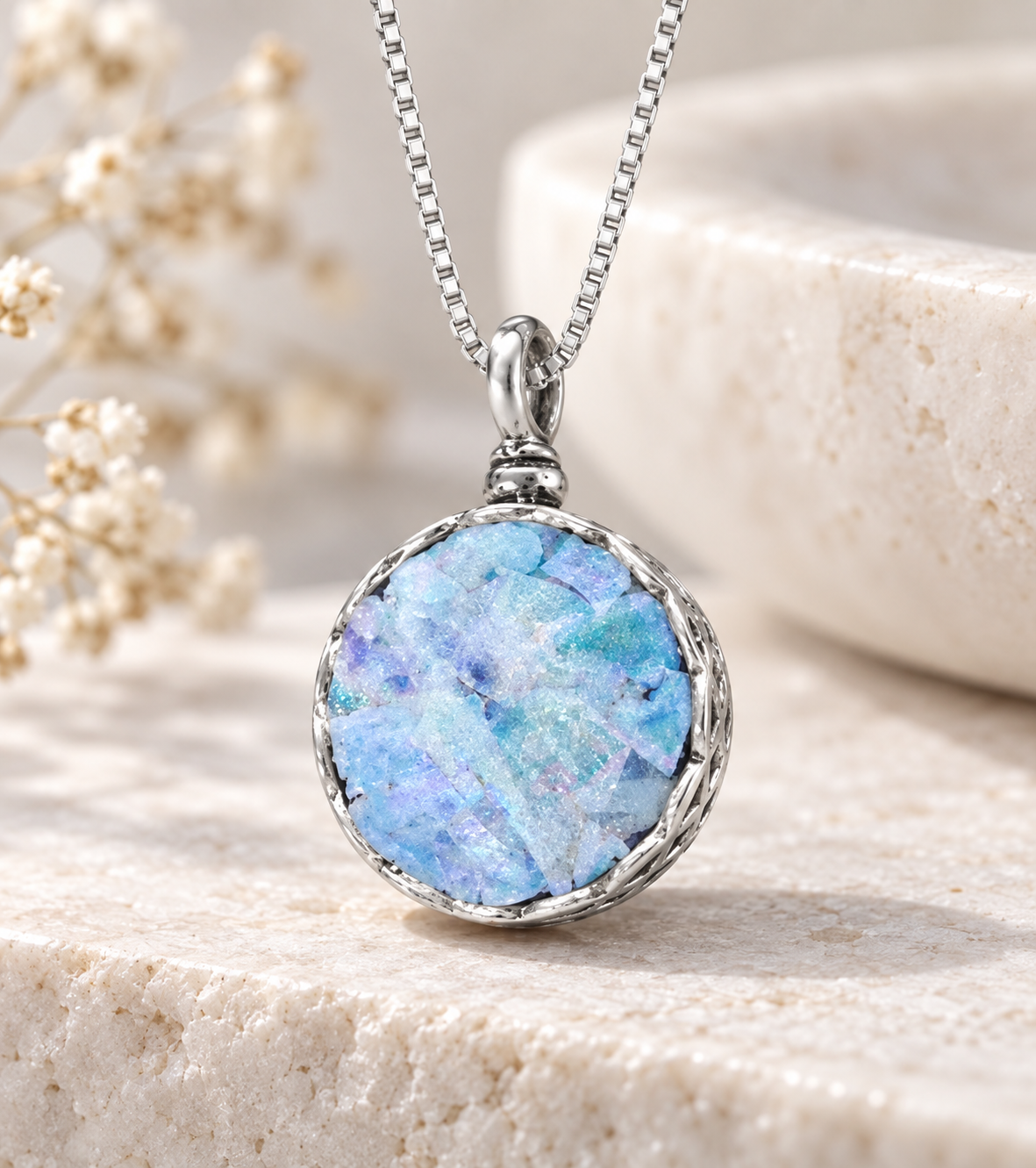 Roman Glass Round Necklace 925 Silver Oxidized Basket 15mm Box Chain w/Cert