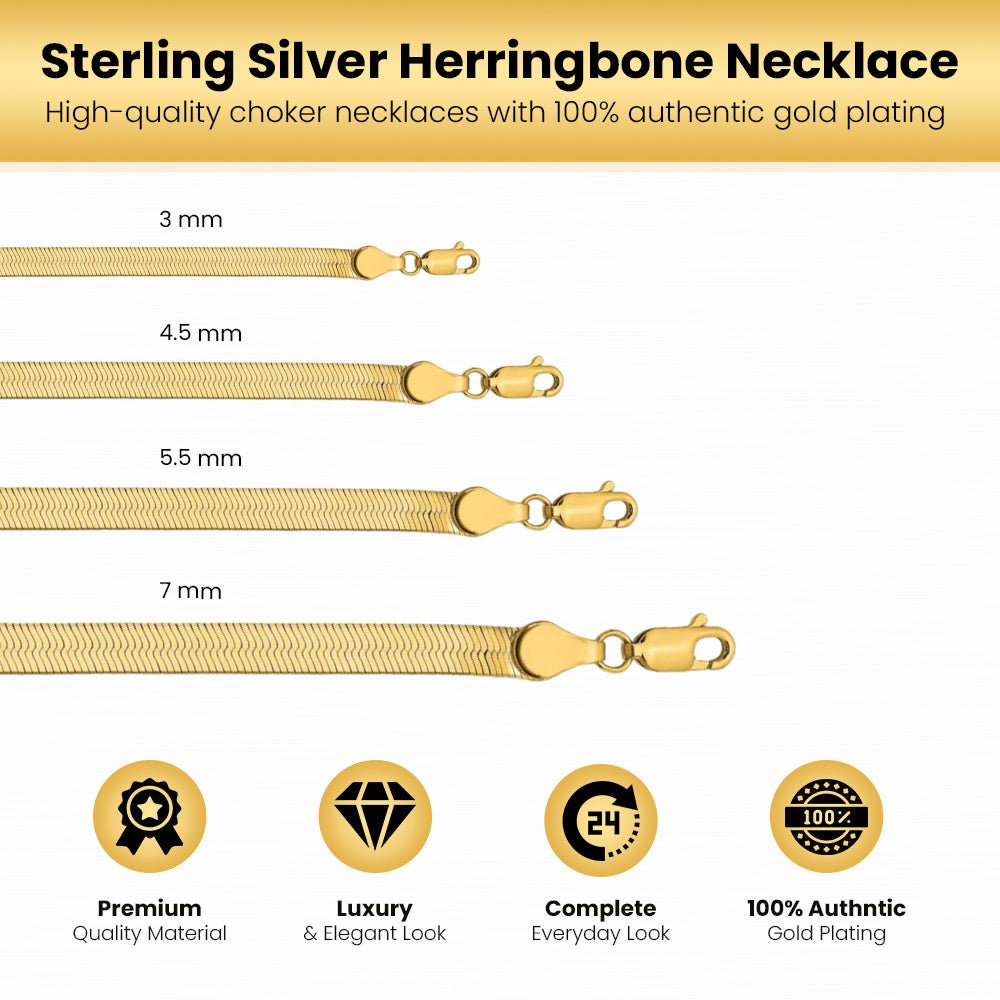 14K Gold Plated 925 Sterling Silver Herringbone Necklace, Gold Dipped Herringbone Chain Necklace for Women and Men, Flexible Flat Snake Chain Necklace with Lobster Claw Closure (5mm 22")