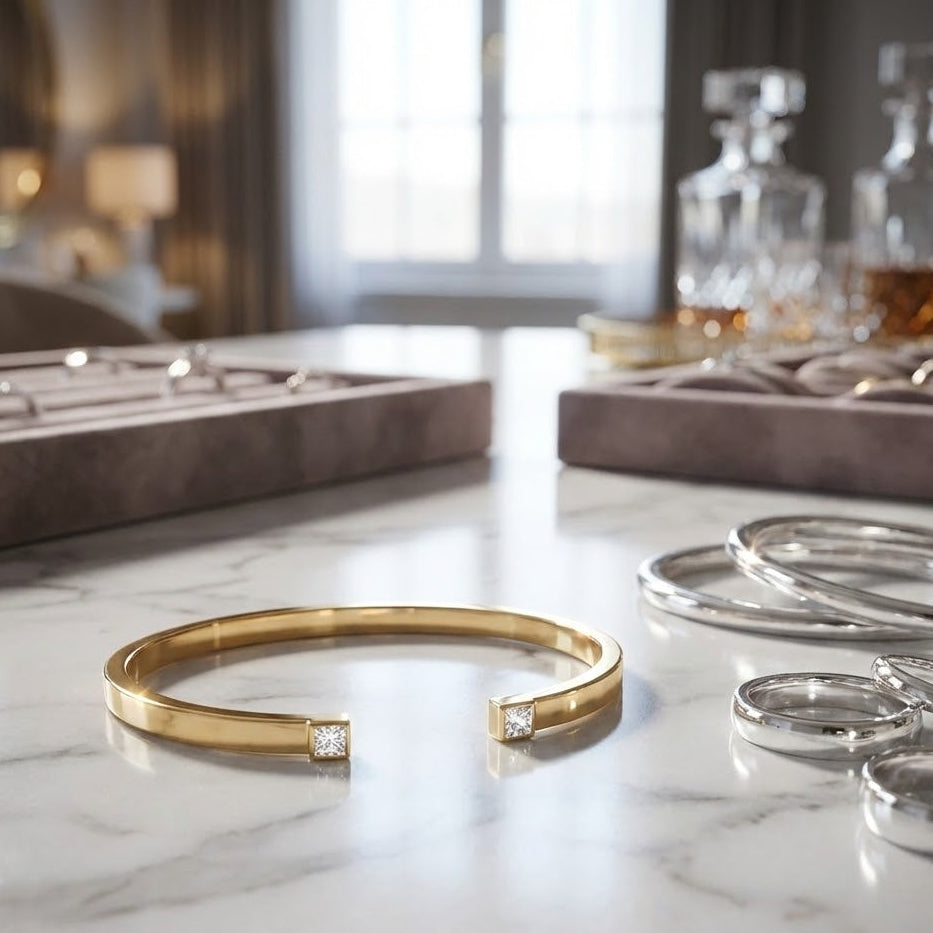 Luxe Diamond Kiss Cuff - 14K Gold Plated Sterling Silver Open Bangle with Princess-Cut CZ Accents