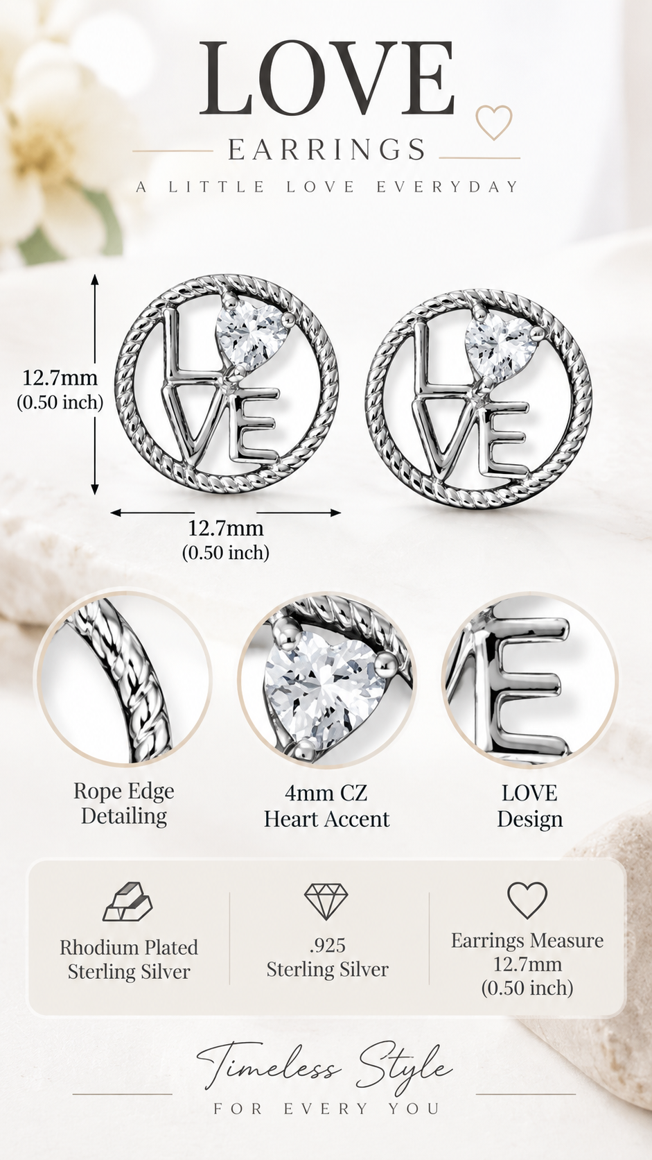 Round LOVE CZ Heart Stud Earrings Rhodium Plated 925 Sterling Silver 12.7mm