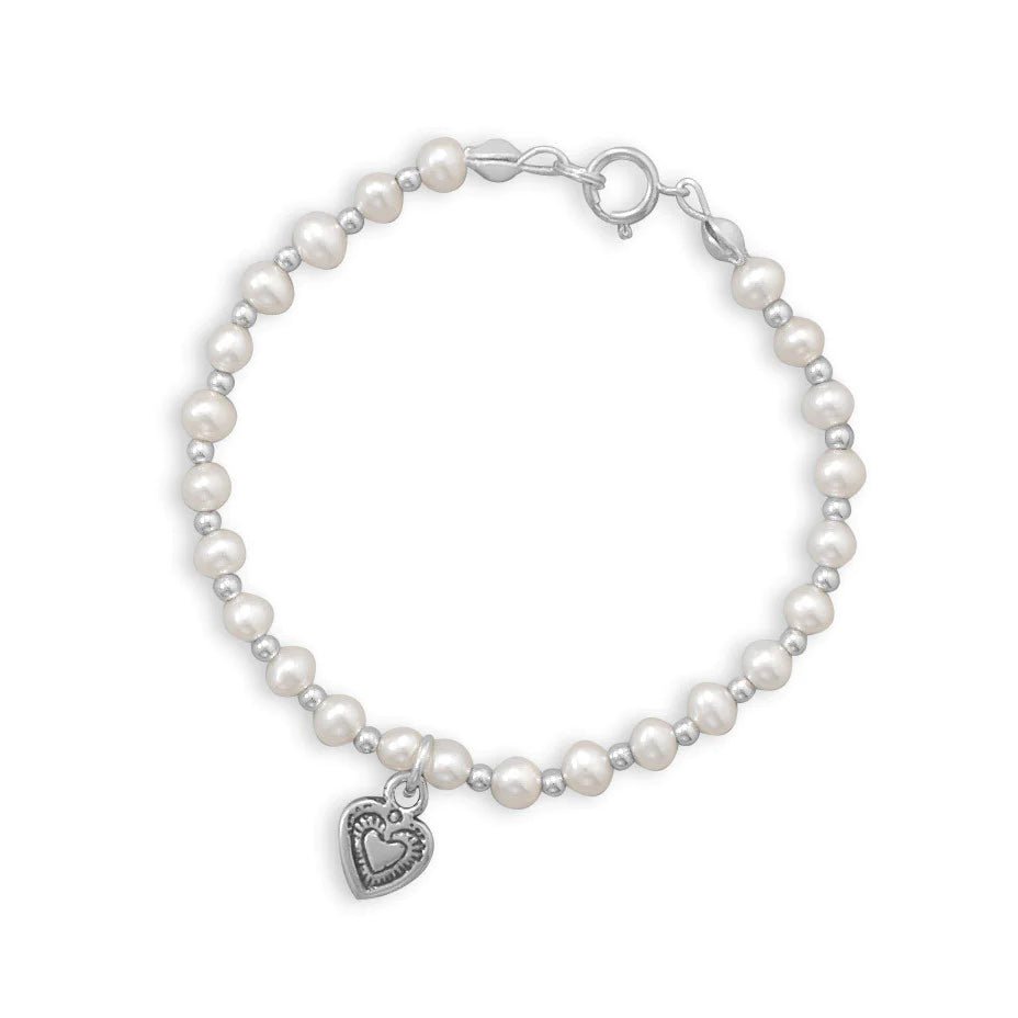 6" Bracelet with Cultured Freshwater Pearls, Silver Beads, and Oxidized Heart