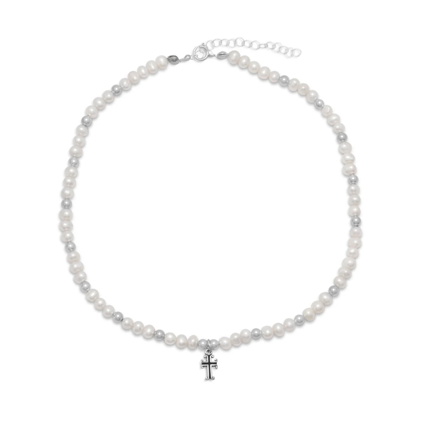 Pearl Cross Necklace - Sterling Silver Religious Jewelry