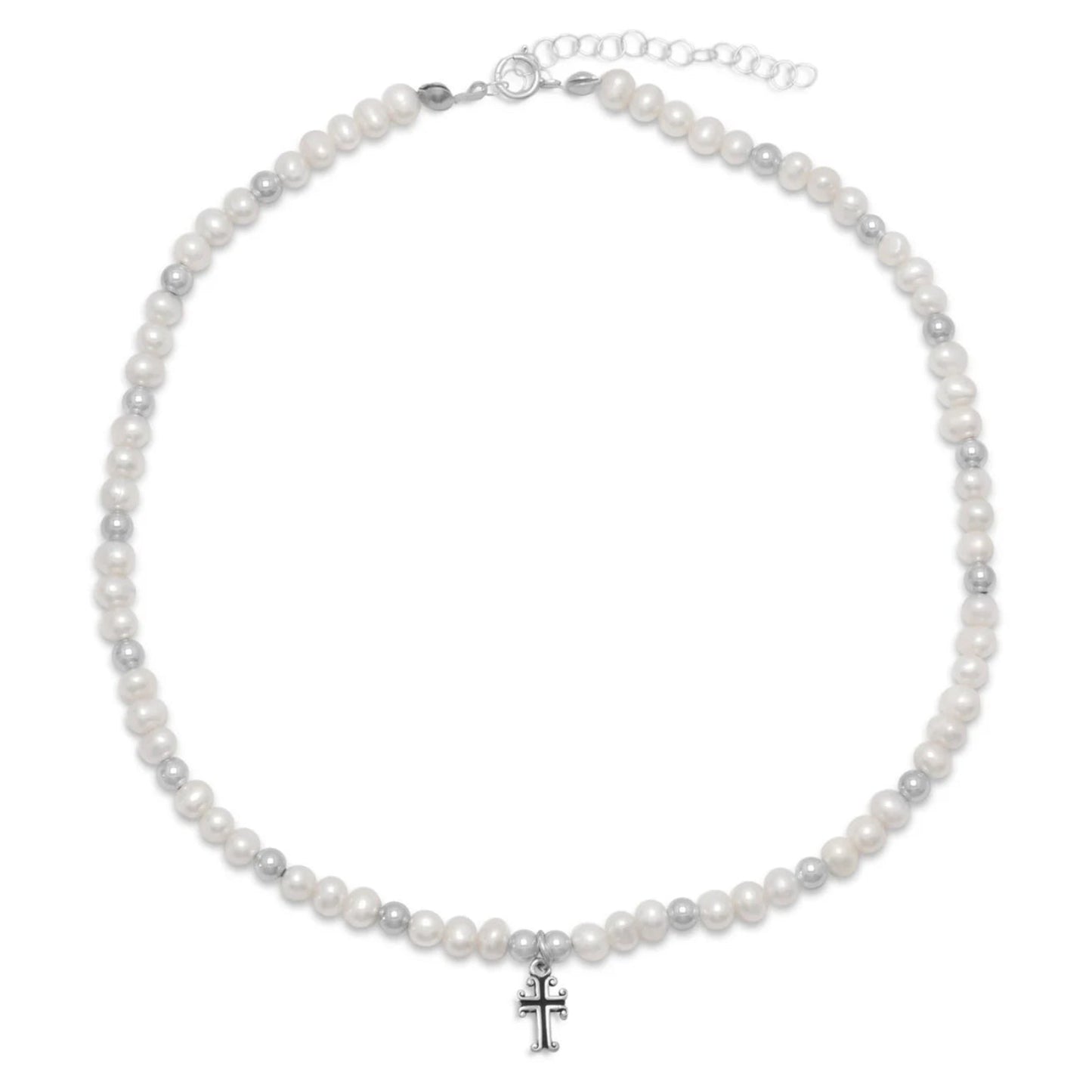 Pearl Cross Necklace - Sterling Silver Religious Jewelry