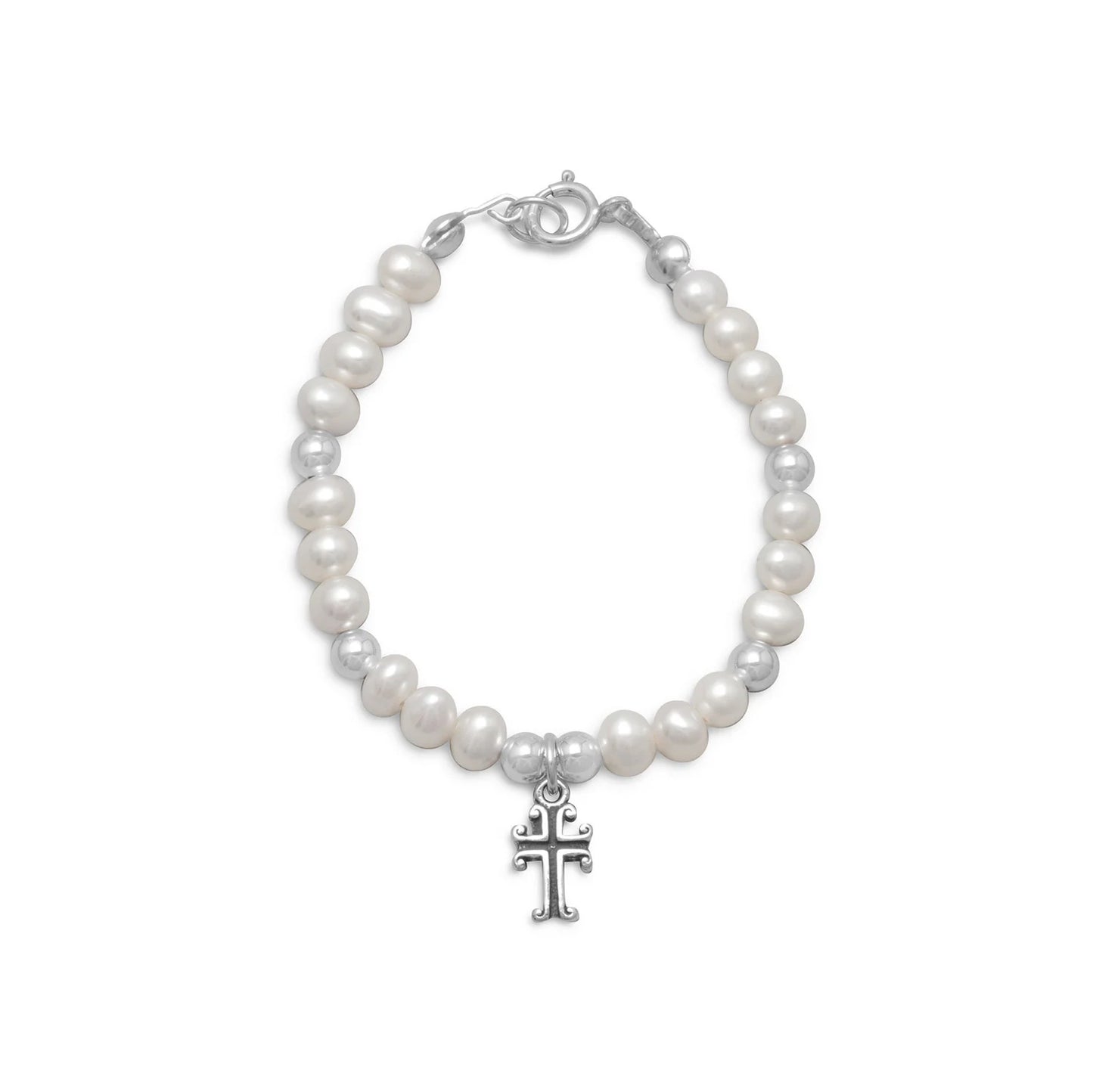 Pearl Cross Bracelet - Sterling Silver Religious Jewelry