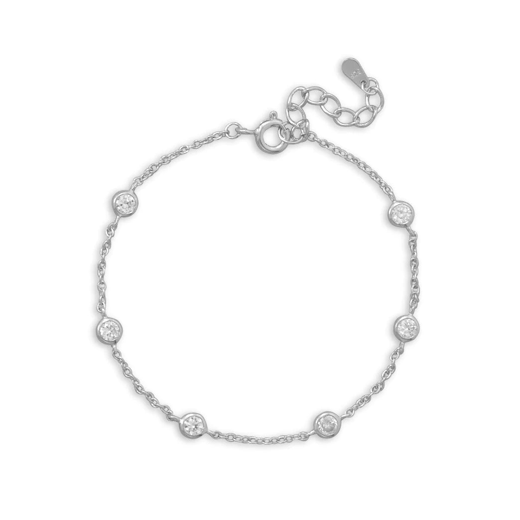 Sterling Silver CZ Bracelet, 7 Inch with 1 Inch Extension, 4mm Bezel Set Stones, Rhodium Plated