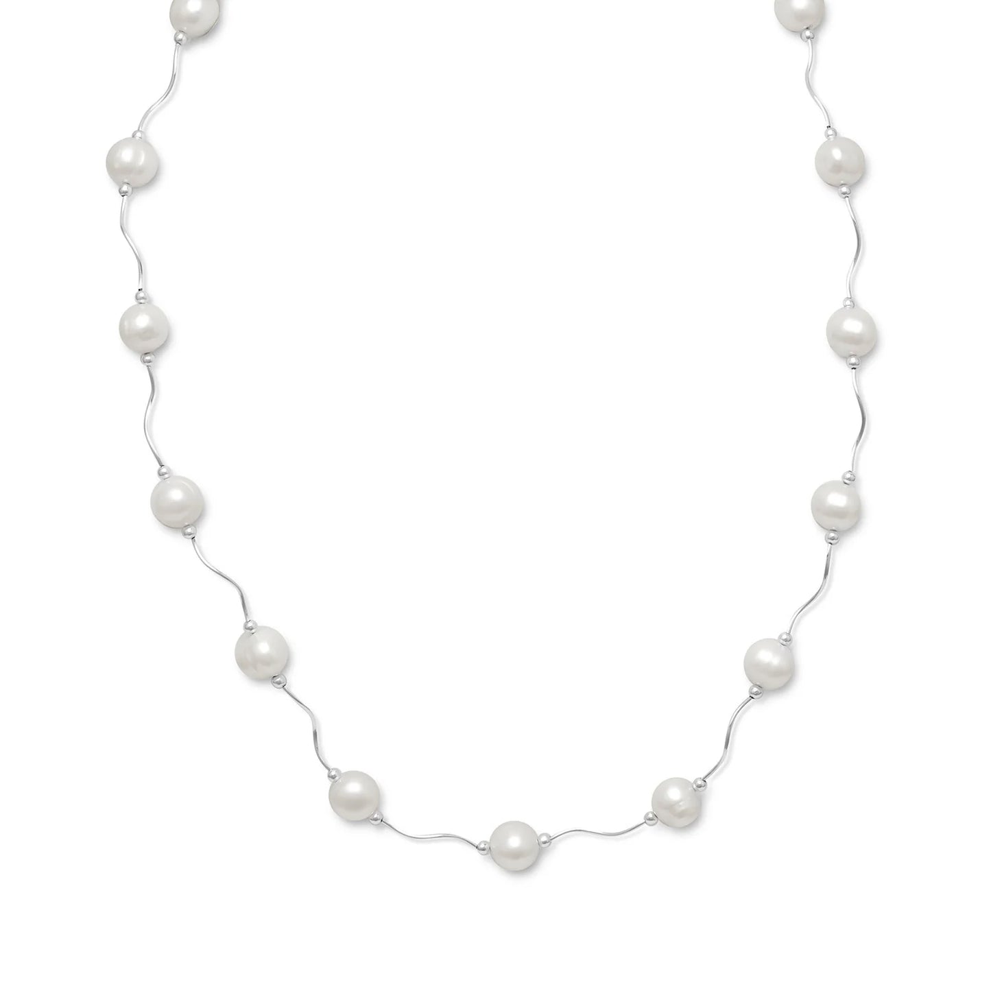 Sterling Silver Wave Design Pearl Necklace, 16 Inch with 2 Inch Extension, Cultured Freshwater 8.5mm Pearls, 2.5mm Silver Beads