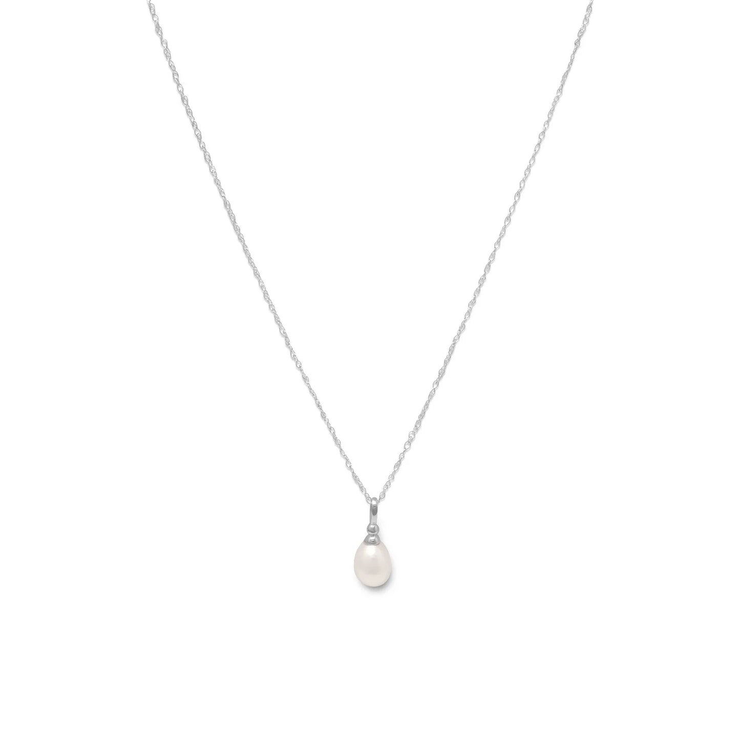 White Sterling Silver Cultured Freshwater Pearl Drop Necklace, 18 Inch, Rhodium Plated, Spring Ring Closure