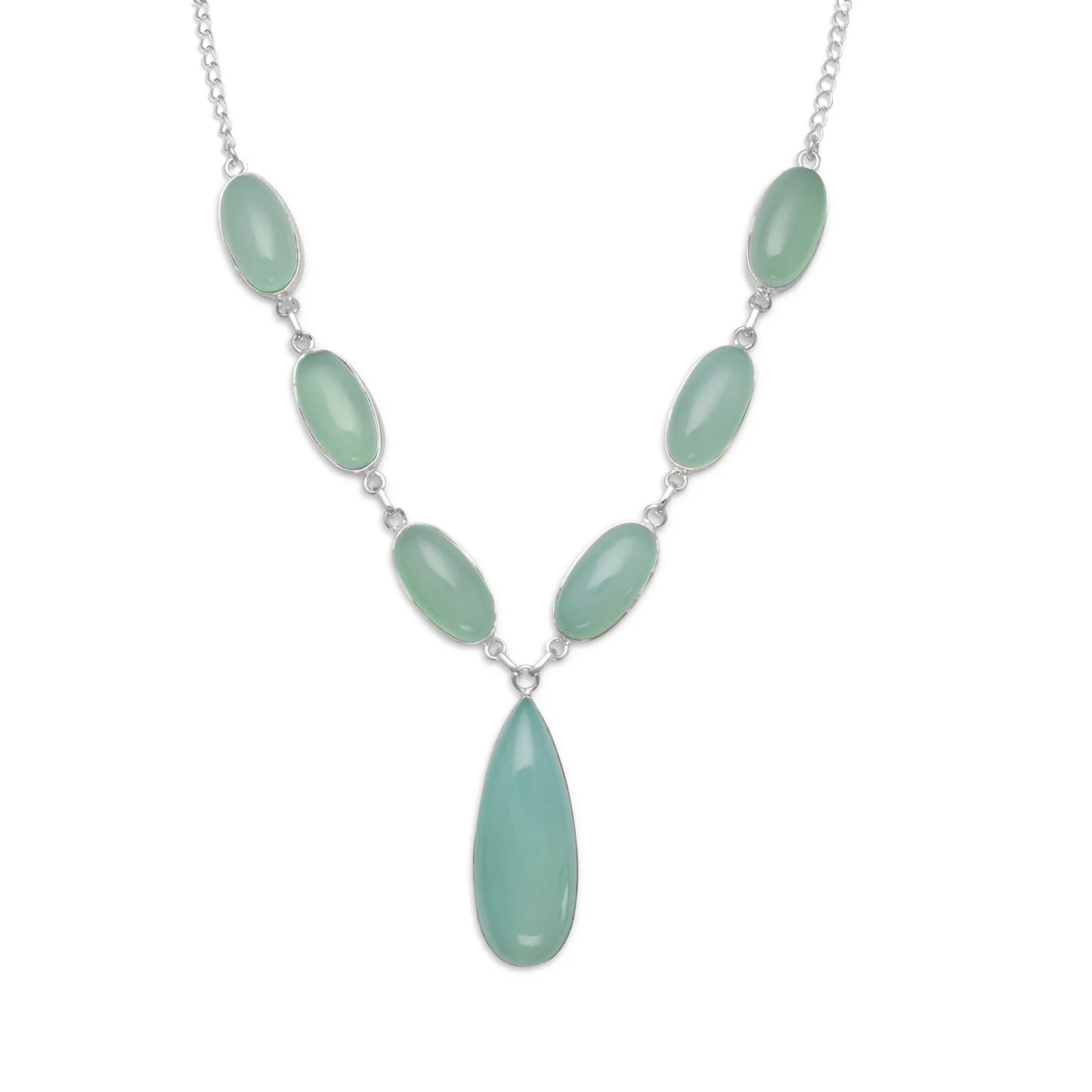 Sterling Silver Sea Green Chalcedony Necklace, 17.5 Inch Chain, 39mm x 14mm Pear Drop