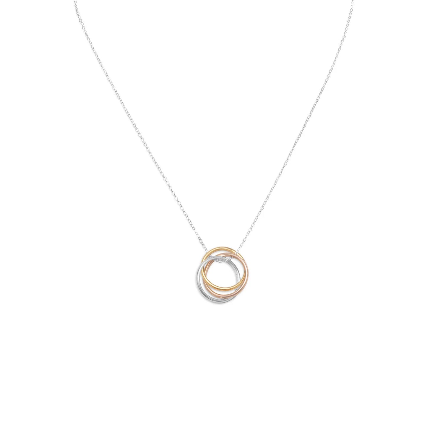 Sterling Silver Tri-Tone Ring Drop Necklace, 16 Inch Chain, Rose Gold and Yellow Gold Plated, Spring Ring Closure