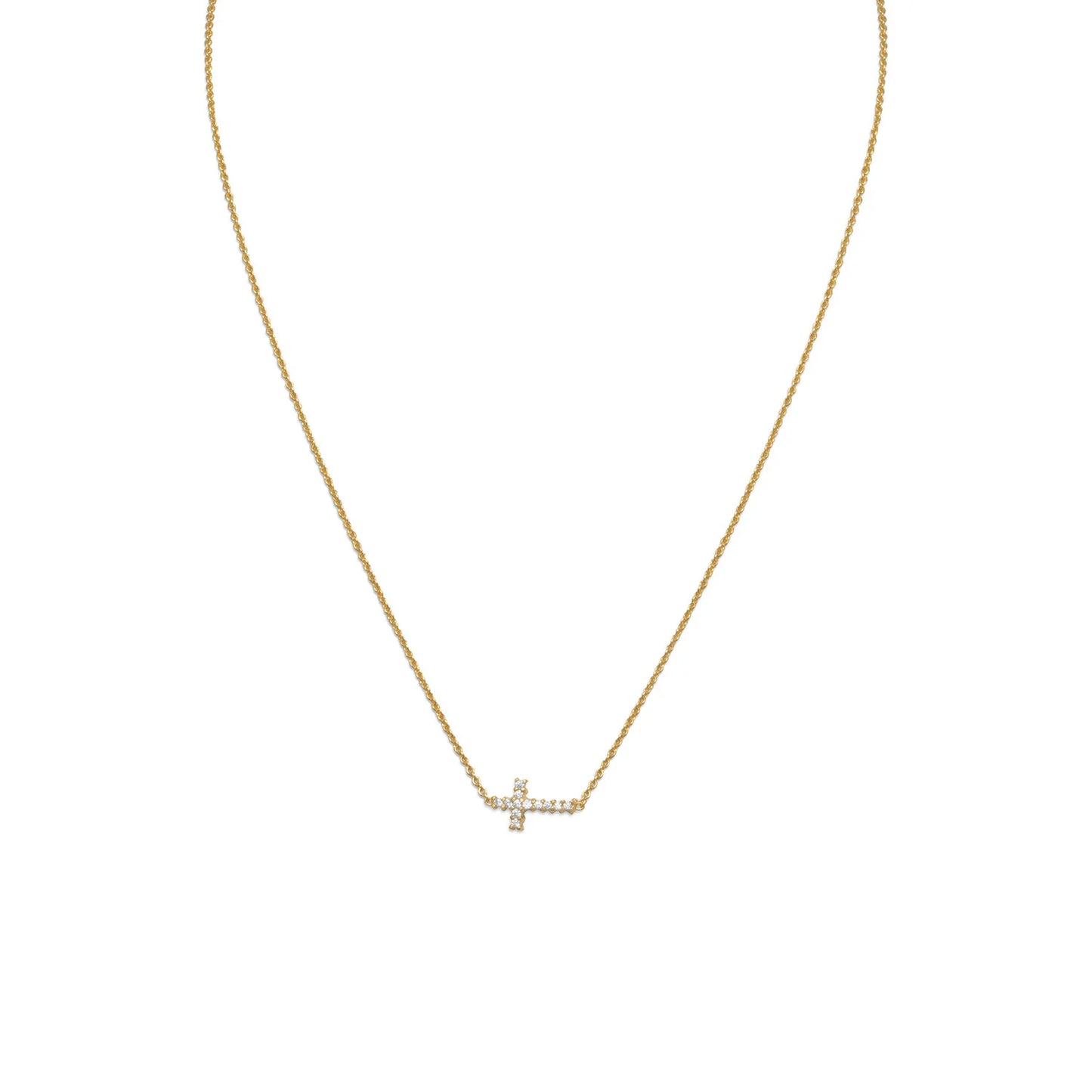 14 Karat Gold Plated Sterling Silver Necklace with Sideways CZ Cross, 16 Inch Chain, Lobster Clasp