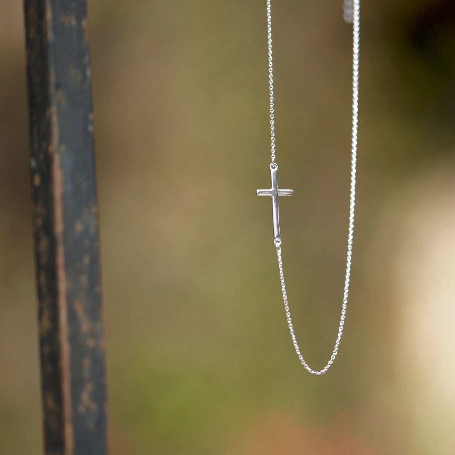 Sterling Silver Necklace with Off Center Cross, 16 Inch Chain with 2 Inch Extension, 10.5mm x 23.5mm Cross