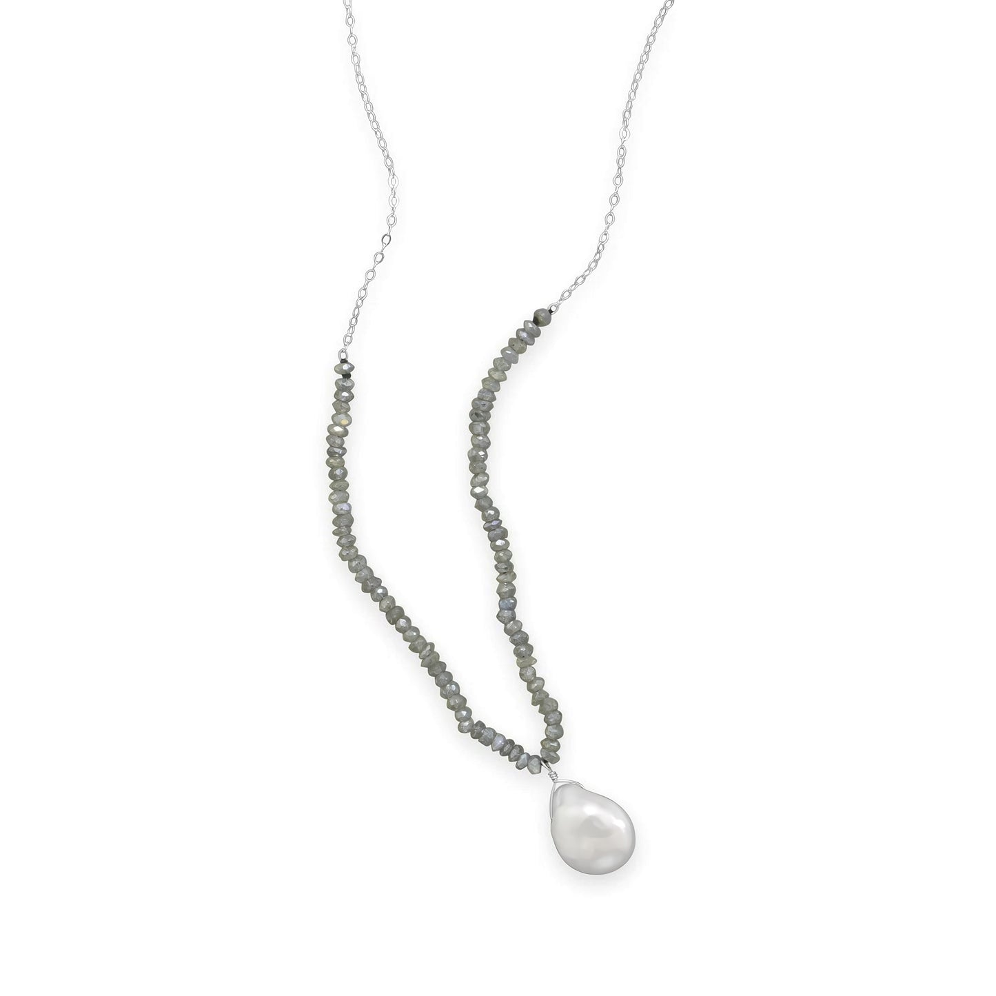 Labradorite Baroque Pearl Drop Necklace 925 Sterling Silver 12.5x16mm 16+2 Inch
