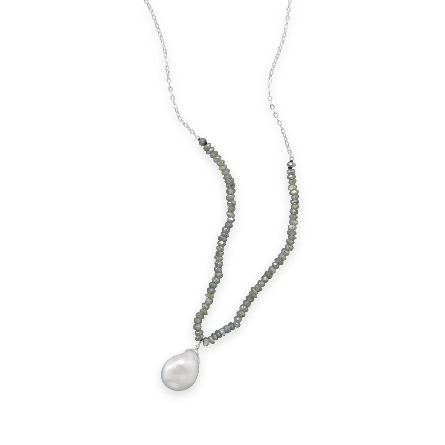 Sterling Silver Labradorite and Baroque Pearl Drop Necklace, 16 Inch Chain with 2 Inch Extension, 3-3.5mm Beads